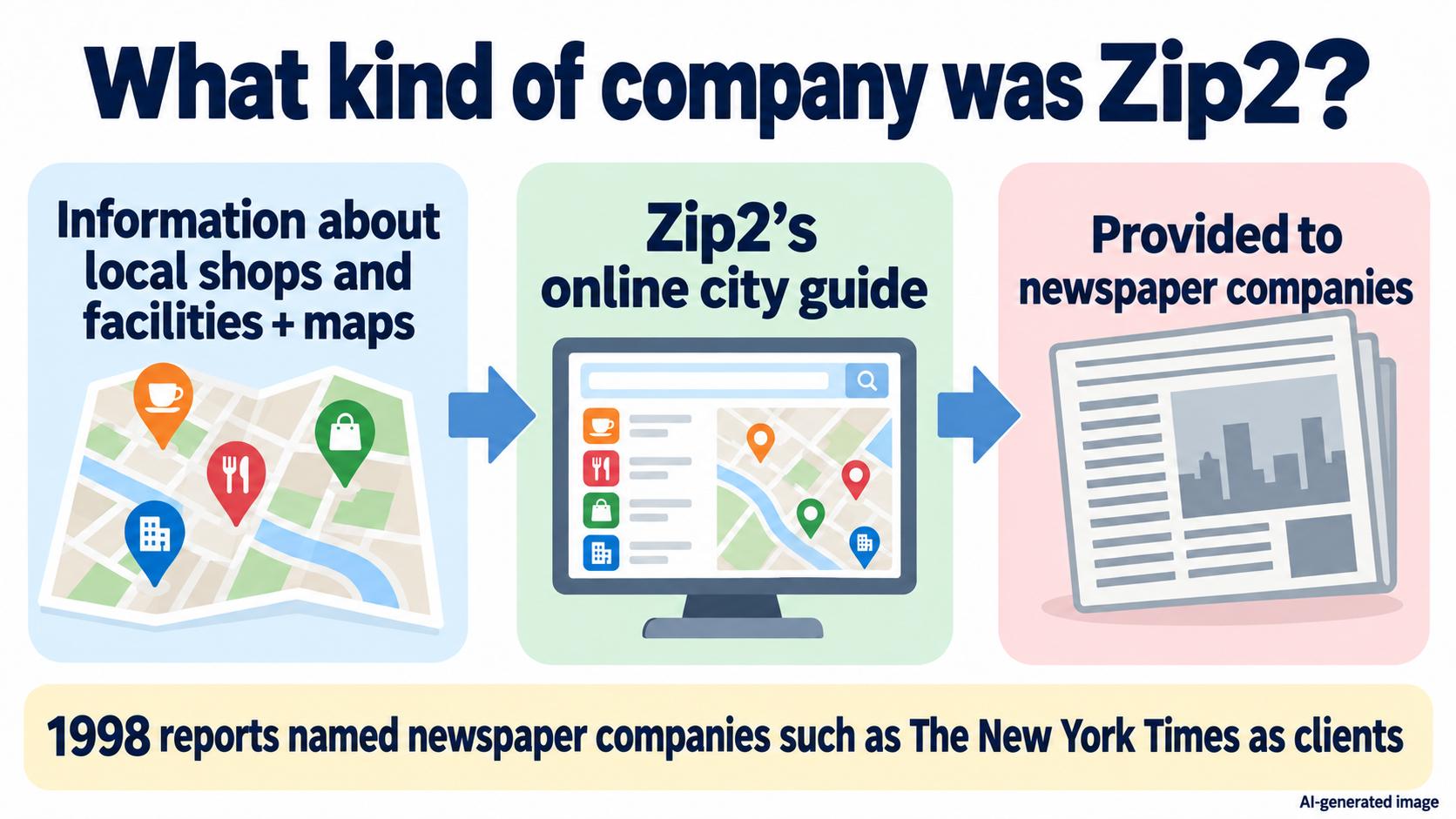 What Zip2 was: an online city guide for newspapers. It combined information on shops and facilities with maps and provided the service to newspapers