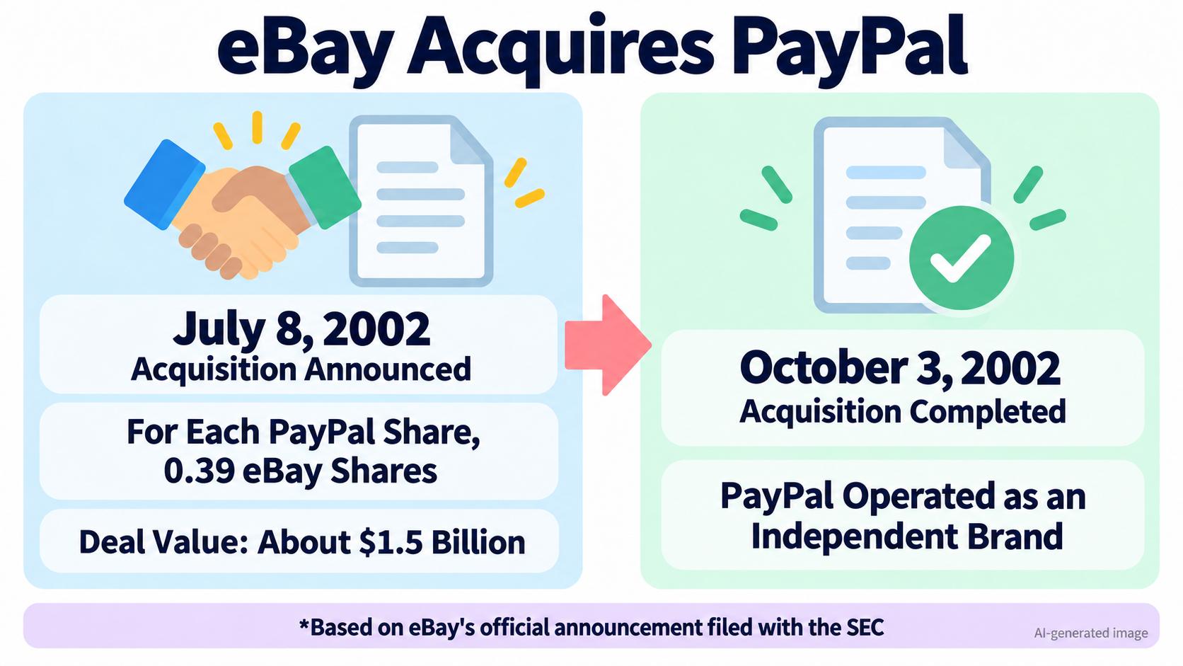eBay's acquisition of PayPal. Announced July 8, 2002; 0.39 eBay shares per PayPal share; deal value about $1.5 billion; completed October 3, 2002