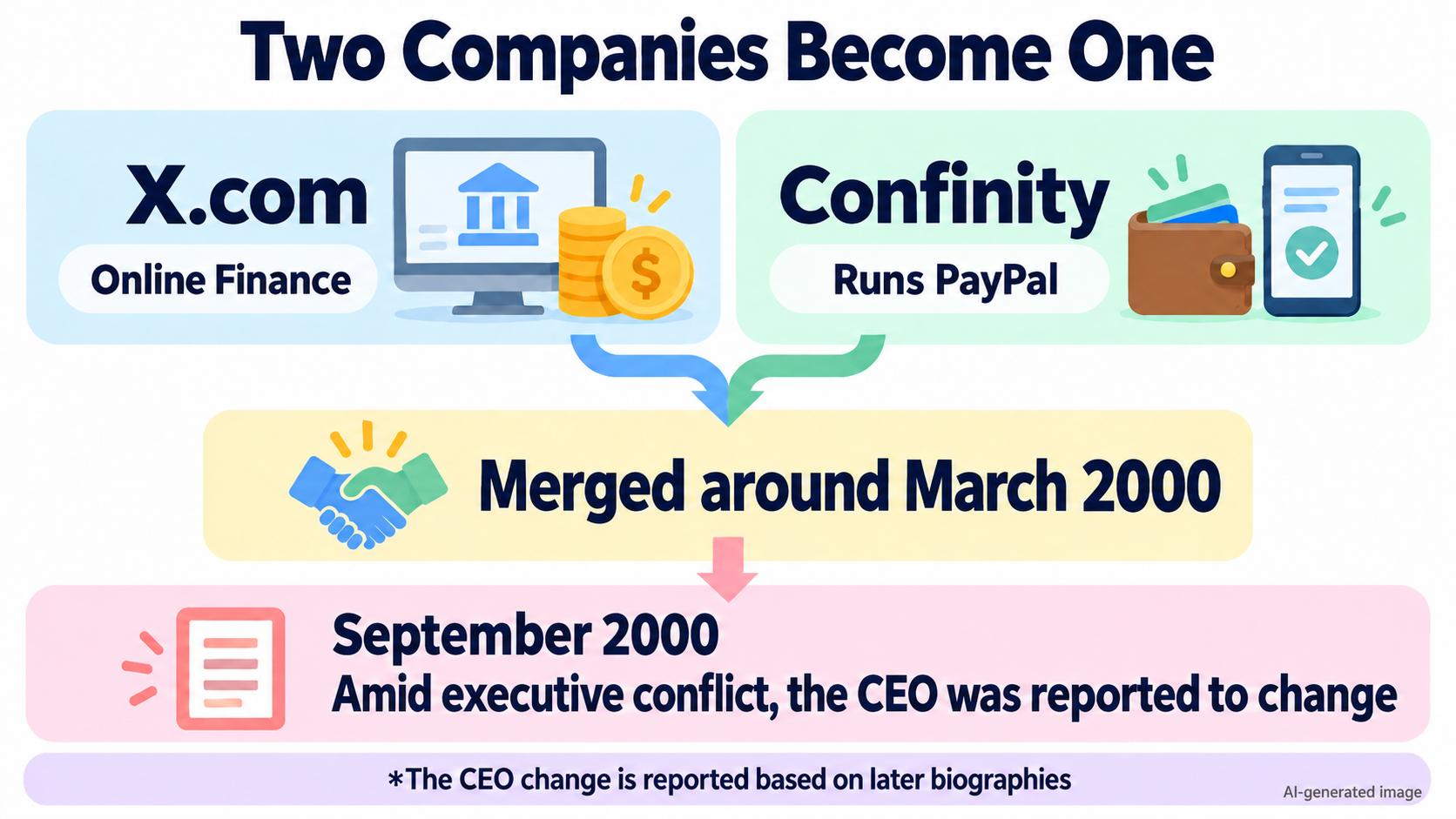 The merger of X.com and Confinity. Two rival companies merged around March 2000. In September 2000, amid conflict among executives, the CEO changed and Peter Thiel took over from Musk, according to reports