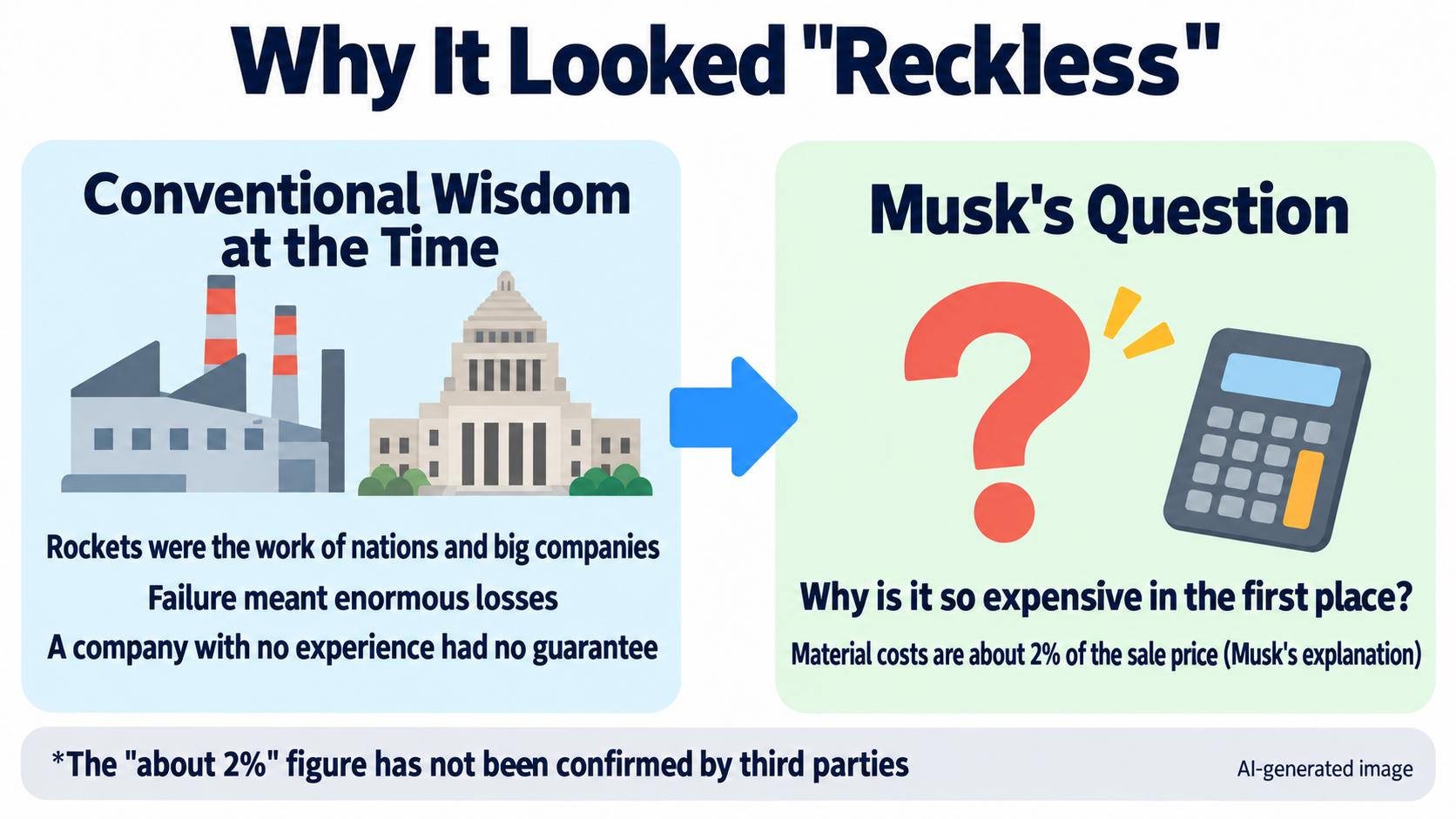 The rocket common sense of the time, and Musk's question. Common sense: it is the work of nations and big companies; failure means huge losses; a company with no experience has no guarantee. Musk's question: why is it expensive in the first place?
