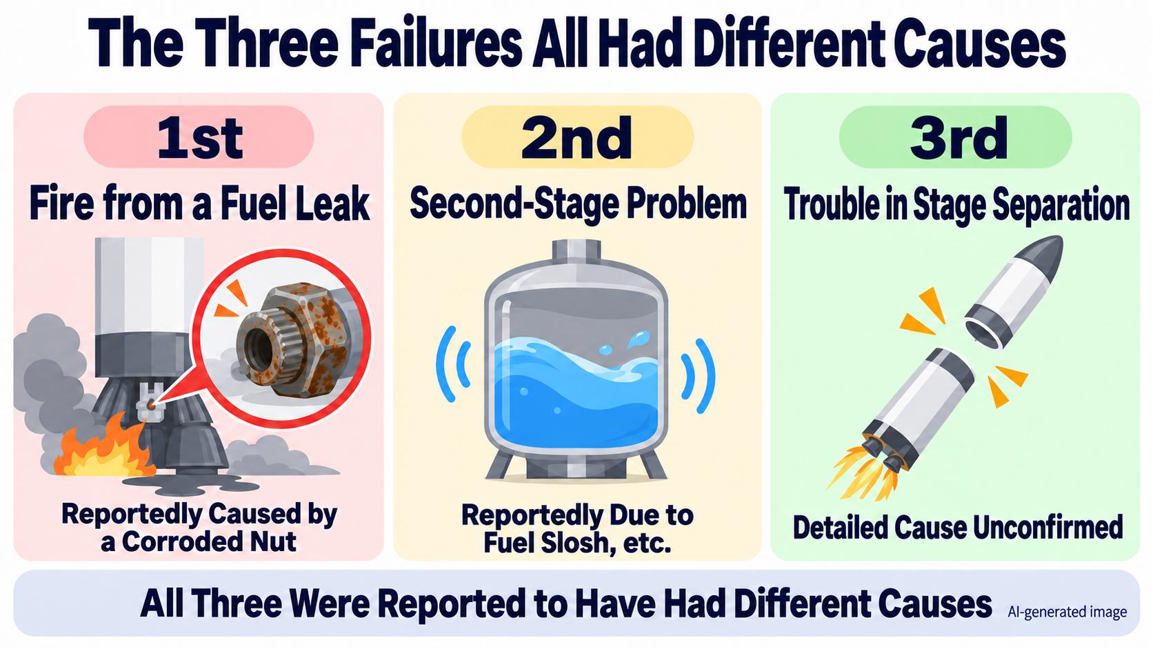 Causes of the three failures. First: a fire from a fuel leak. Second: a second-stage problem. Third: trouble in the separation of the first and second stages. All three are reported to have had different causes