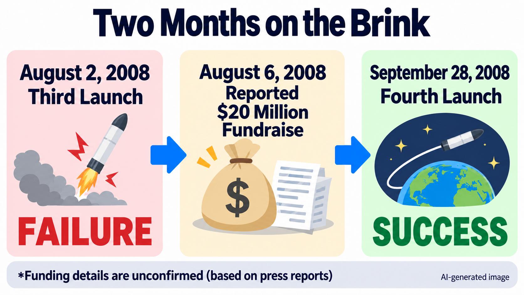 From the third failure to the fourth success. August 2, 2008: the third launch fails. August 6: a $20 million fundraising is reported. September 28: the fourth launch succeeds