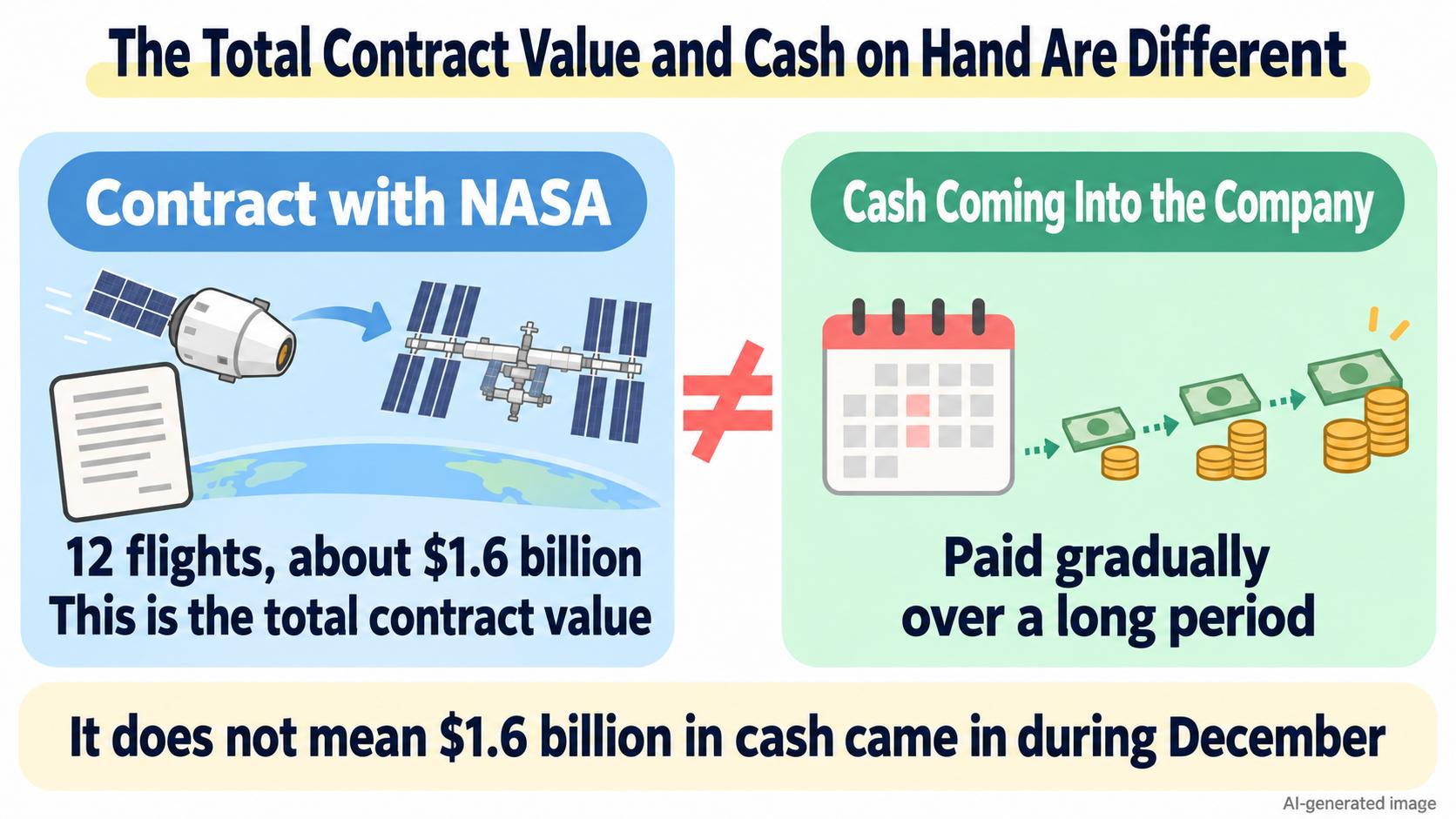 The difference between contract total and cash. NASA's contract is about $1.6 billion in total for 12 flights. It does not mean $1.6 billion in cash arrived in December 2008; it is paid over a long period