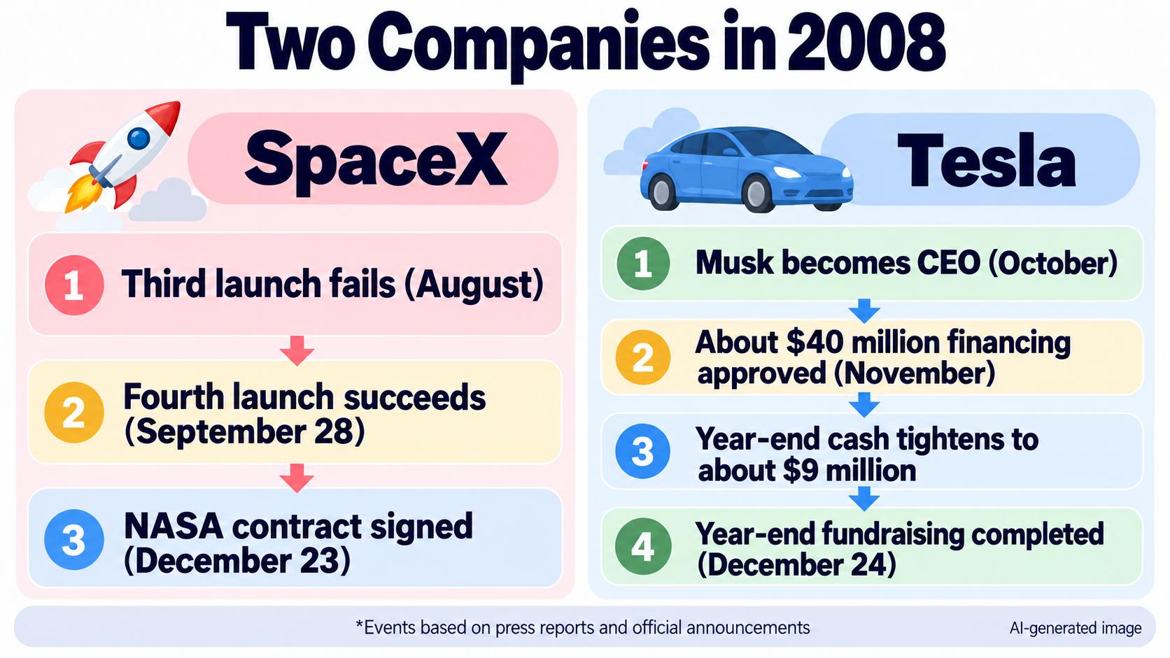 The two companies in 2008. SpaceX: the third failure, the fourth success, the NASA contract. Tesla: in October Musk becomes CEO and production is postponed; in November a financing is approved; cash tightens to about $9 million at year-end; on December 24 the fundraising is completed