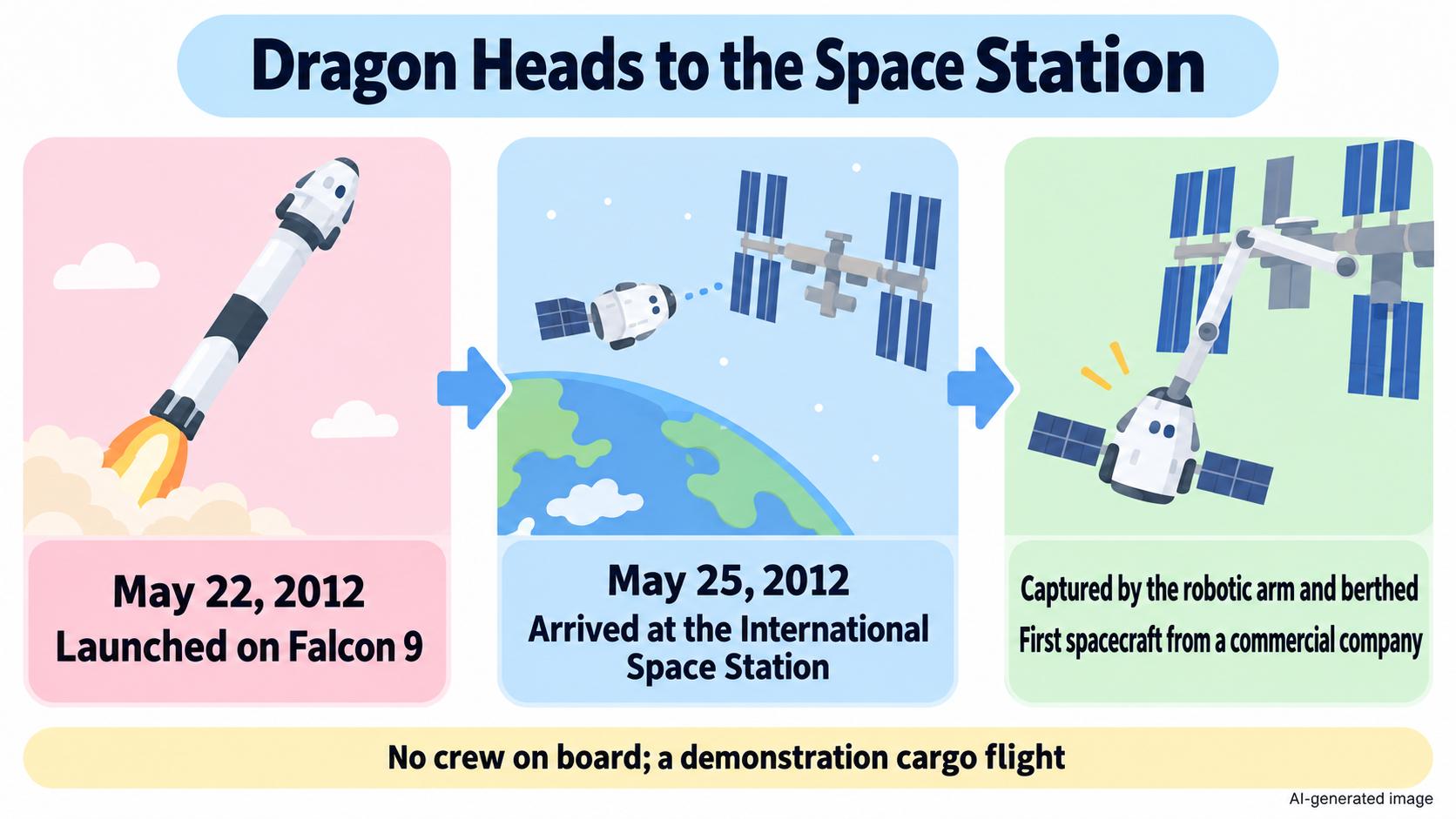 The Dragon spacecraft arriving at the International Space Station. Launched on Falcon 9 on May 22, 2012; arrived at the ISS on May 25 and was grabbed by the robotic arm and berthed. The first by a commercial company's spacecraft