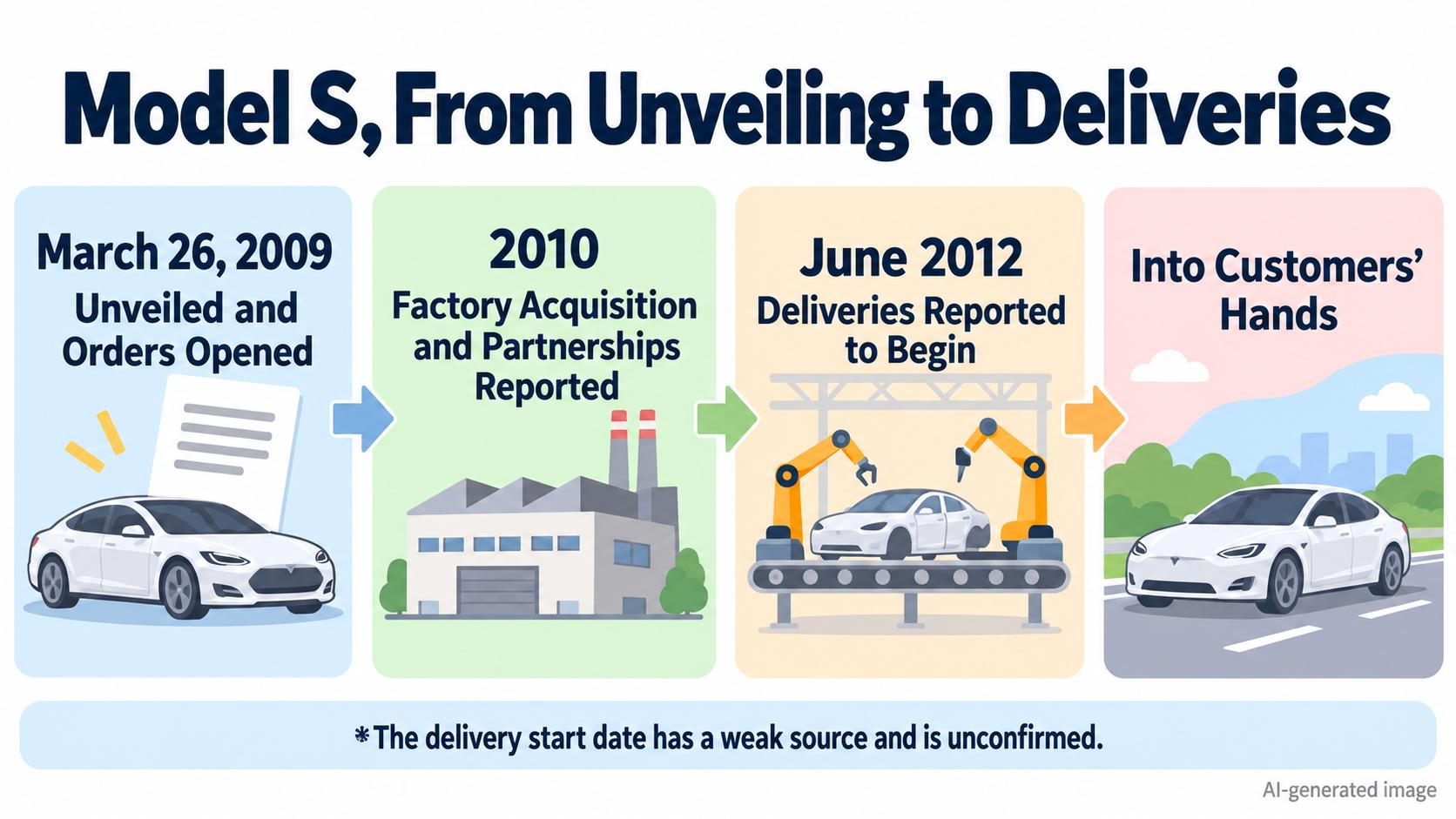 From the Model S's announcement to deliveries. Unveiled and orders opened on March 26, 2009; preparations such as acquiring a factory in 2010; deliveries reported to begin in June 2012