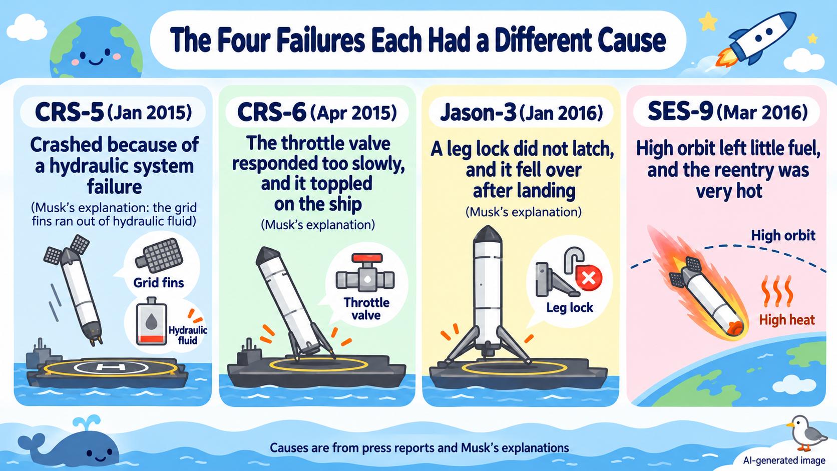 The four failures. CRS-5: hydraulics; CRS-6: slow throttle valve response; Jason-3: leg lock did not latch; SES-9: high orbit left little fuel and a hot reentry