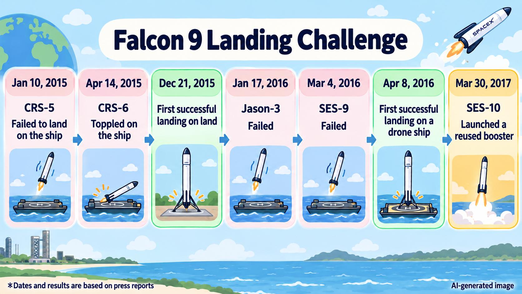 Timeline of Falcon 9 landings. CRS-5 (January 10, 2015), CRS-6 (April 14), Jason-3 (January 17, 2016) and SES-9 (March 4) fail to land on a drone ship. First landing on the ground on December 21, 2015. First landing on a drone ship on April 8, 2016. March 30, 2017: a reused booster is launched