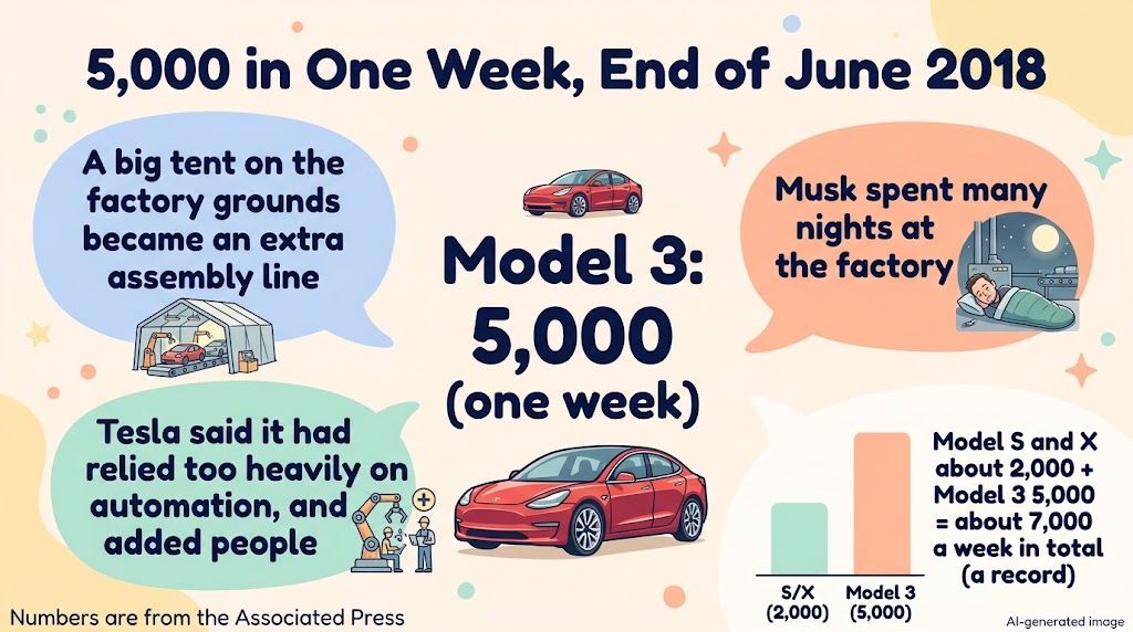 Reaching 5,000 a week. 5,000 Model 3s built in one week at the end of June 2018. A tent added as an extra line, and more people. Model S and X about 2,000, for 7,000 a week in total