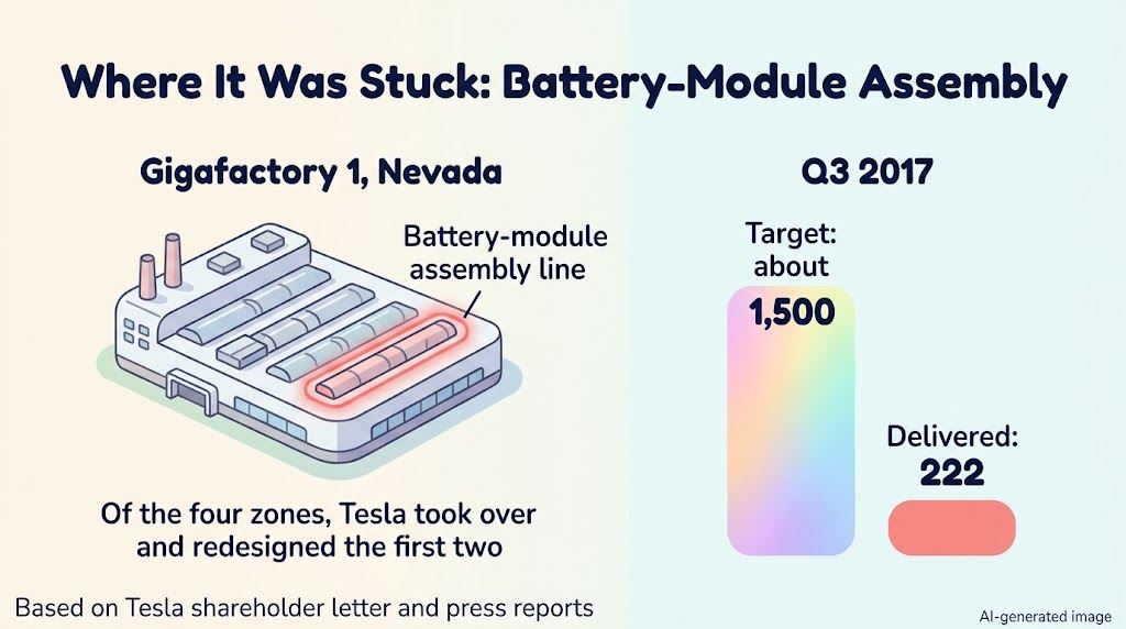 Where it was stuck. The battery-module assembly line at Gigafactory 1 was the biggest constraint. In the third quarter of 2017, 222 were delivered against a target of about 1,500