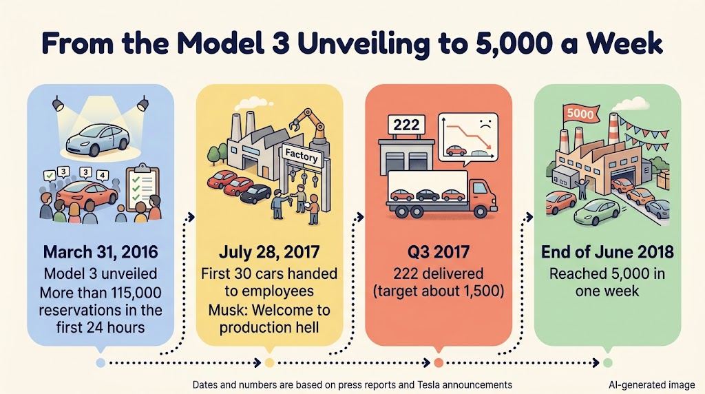 Timeline of Model 3 production. Unveiled March 31, 2016, with more than 115,000 reservations in 24 hours. July 28, 2017: first 30 cars handed over; Musk says