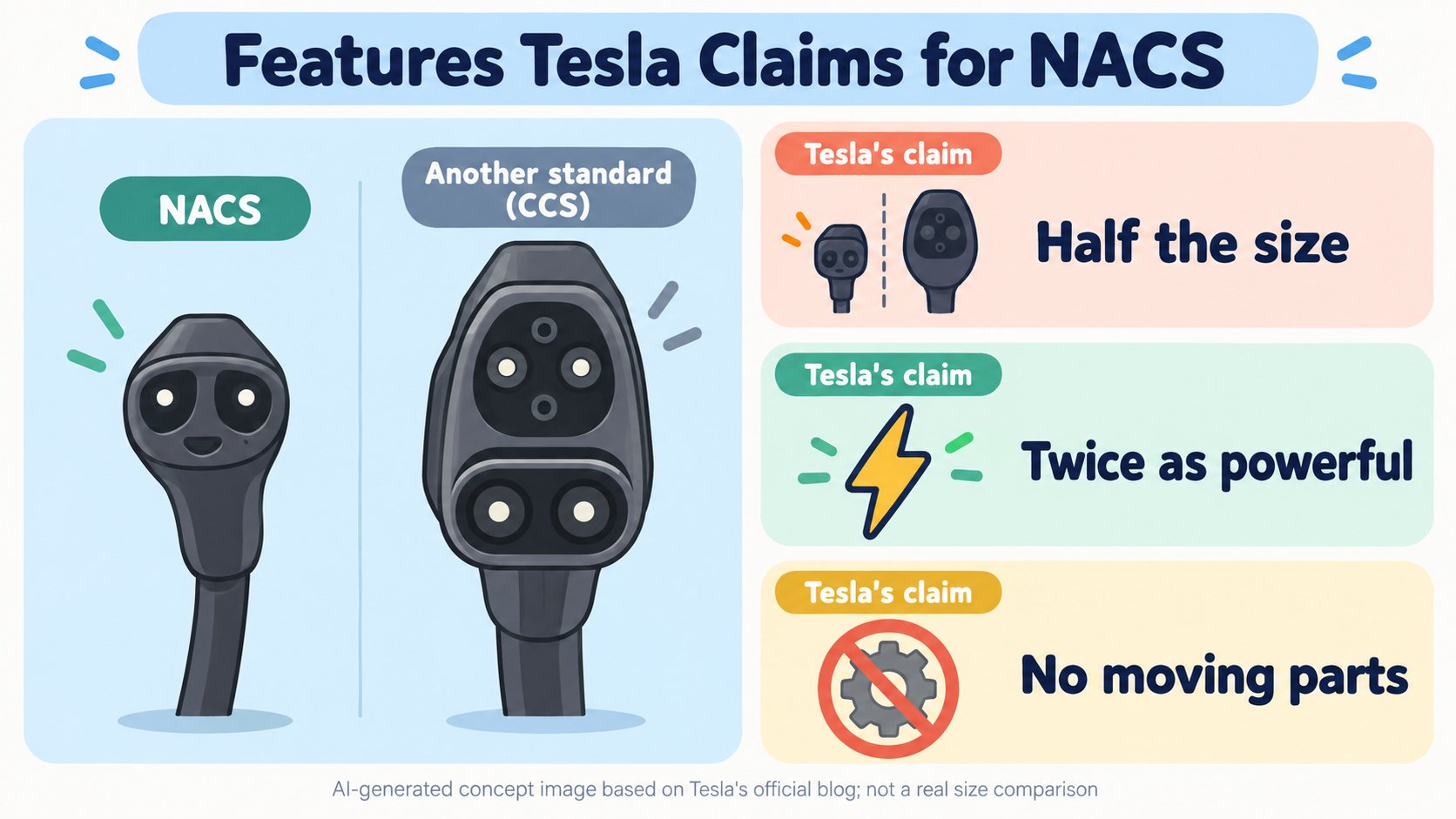 An image of the differences between NACS and CCS. By Tesla's claim, NACS is smaller, and one connector handles both AC and DC (AI-generated concept diagram based on Tesla's official blog; not a real size comparison)