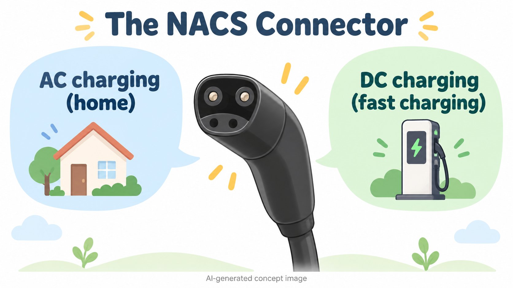 An image of the NACS connector. One slim connector can do both AC and DC charging (AI-generated concept diagram)