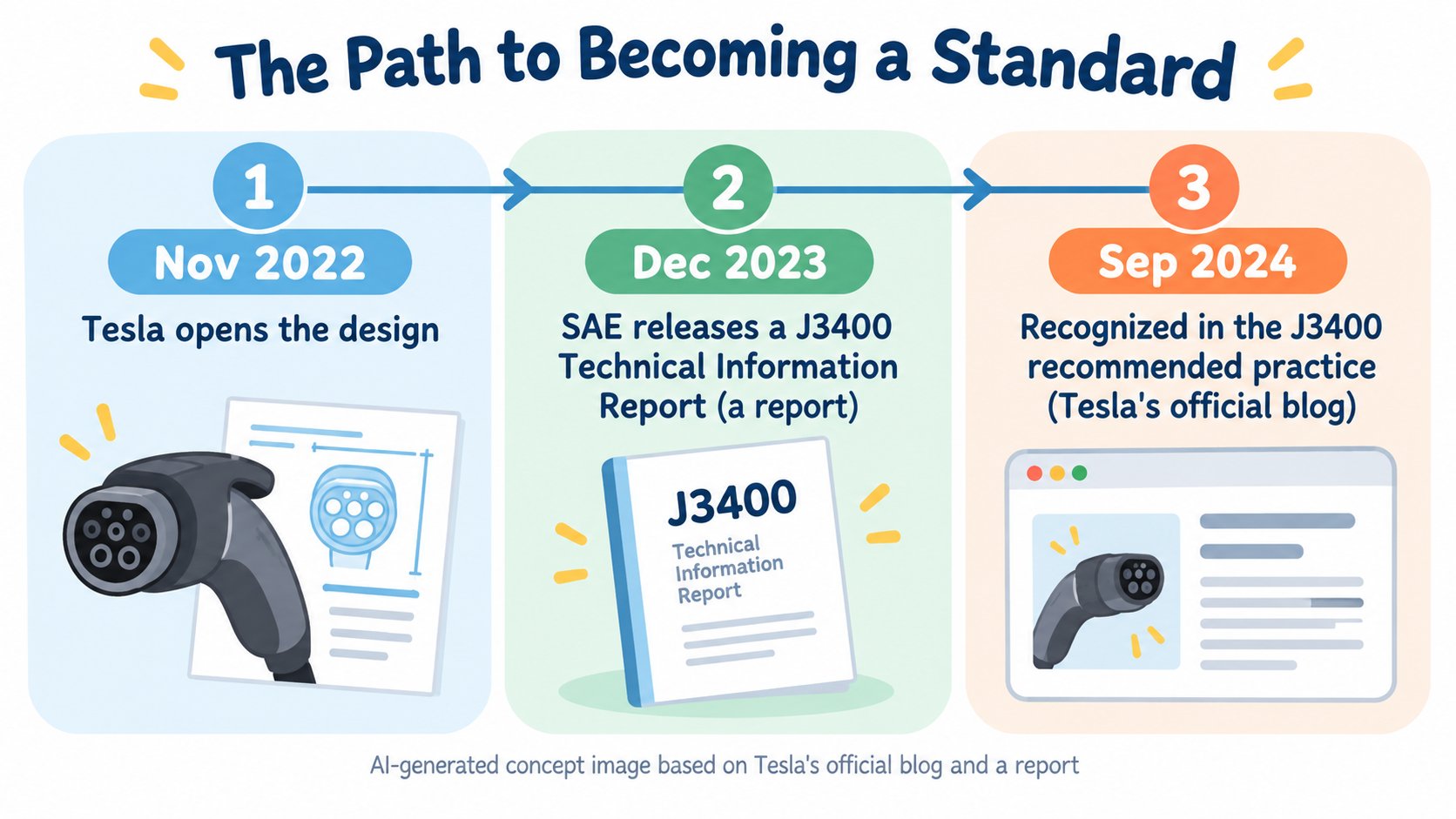 The path to becoming a standard. November 2022: Tesla opens the design. December 2023: SAE releases a J3400 Technical Information Report (a report). September 2024: treated as the J3400 recommended practice (Tesla's official blog) (AI-generated concept diagram based on Tesla's official blog and a report)