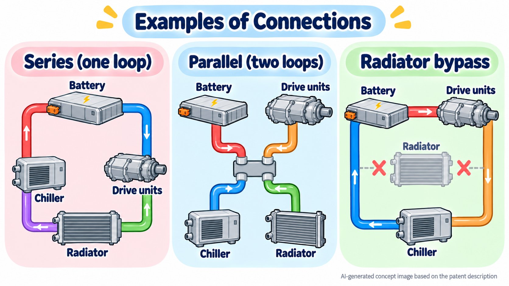 Examples of connections: series, parallel, and bypassing the radiator (AI-generated concept diagram based on the patent's description; it differs from real piping)