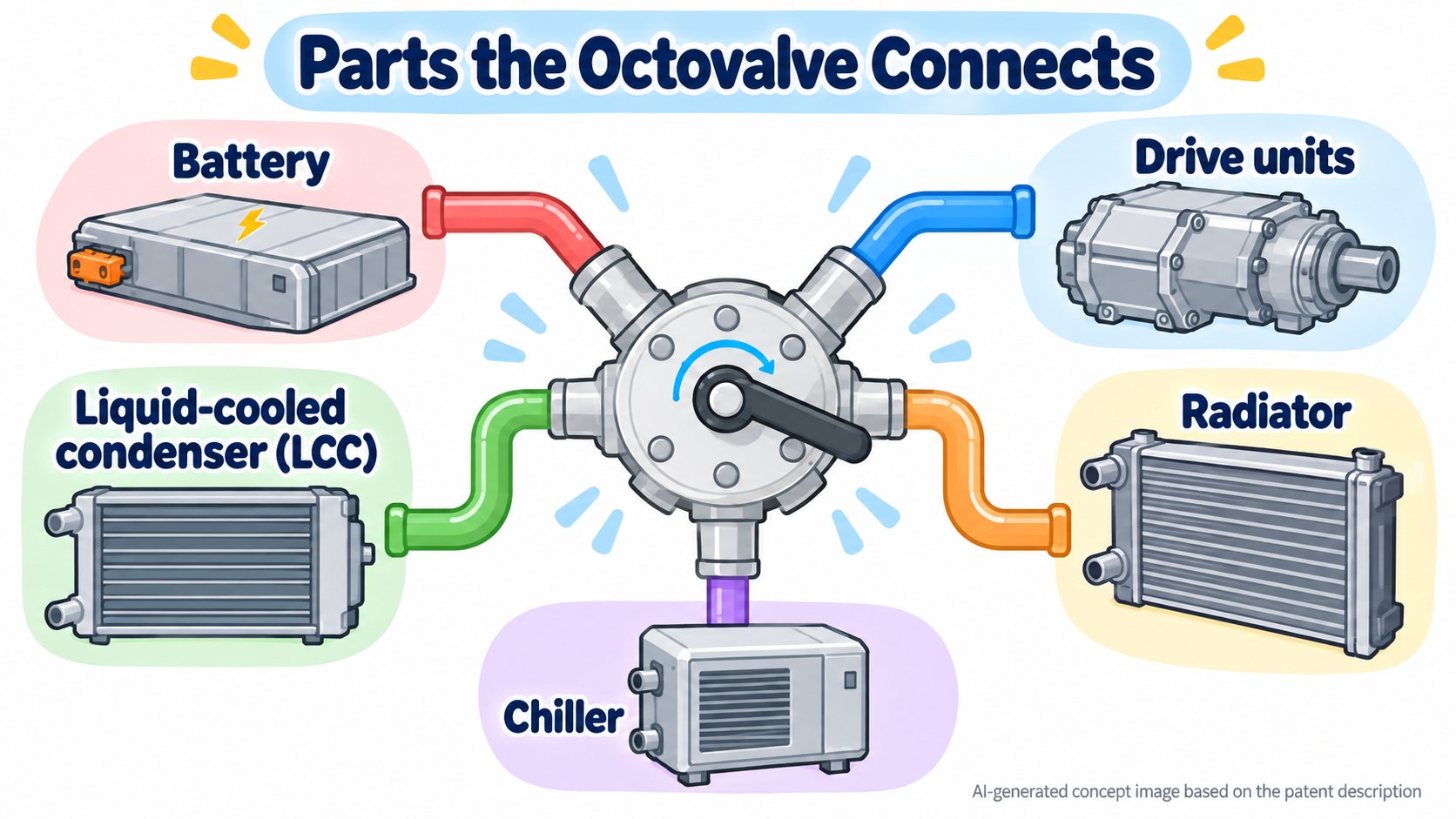 Parts the Octovalve connects: the battery, the drive units, the liquid-cooled condenser, the radiator and the chiller (AI-generated concept diagram based on the patent's description)
