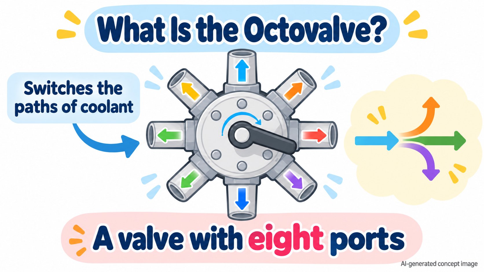 An image of the Octovalve. A valve with eight ports switches and connects the coolant paths of the battery, the drive units, the radiator, the chiller and more (AI-generated concept diagram)