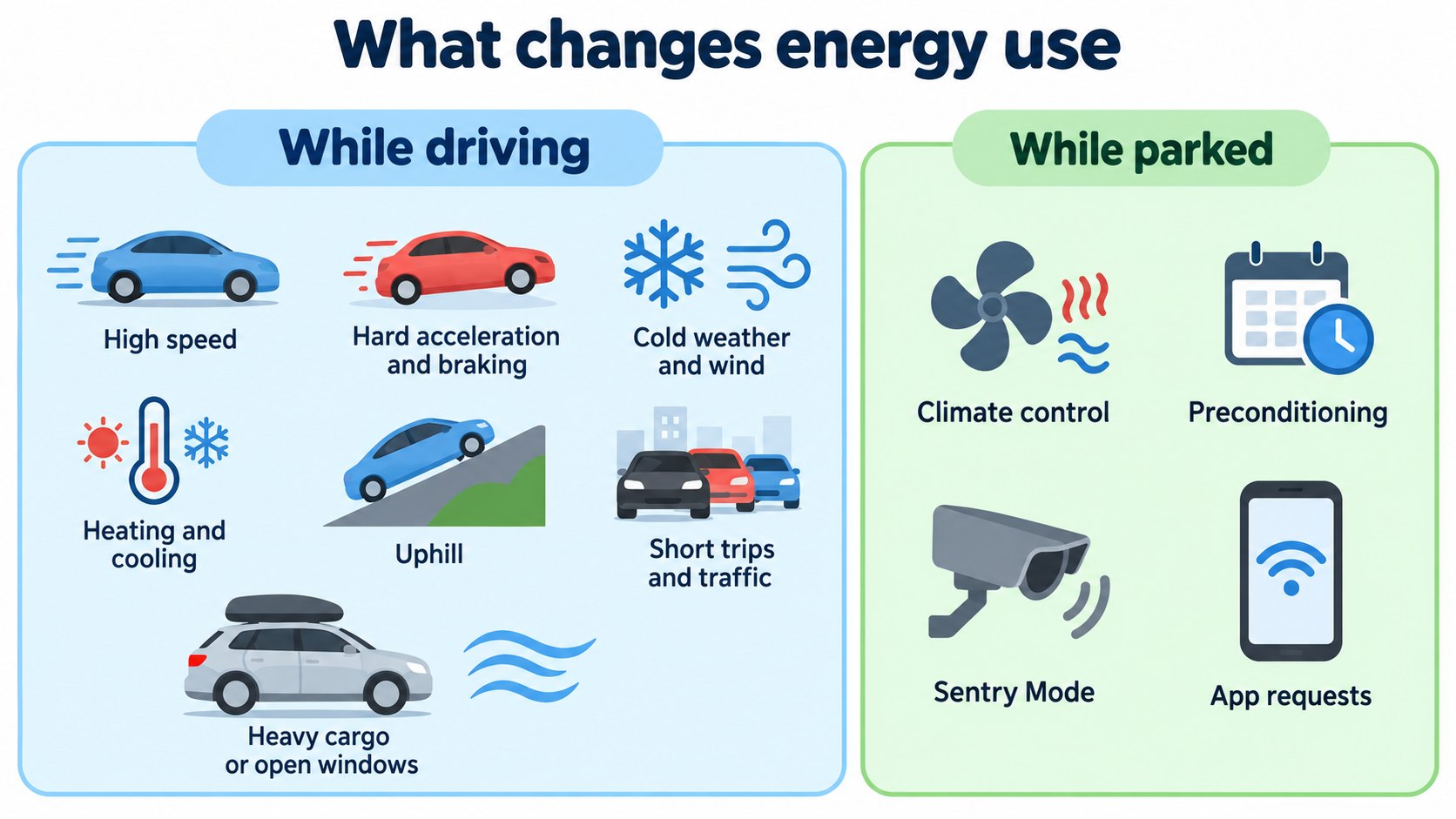 What changes consumption while driving and parked (AI-generated concept diagram based on the owner's manual)
