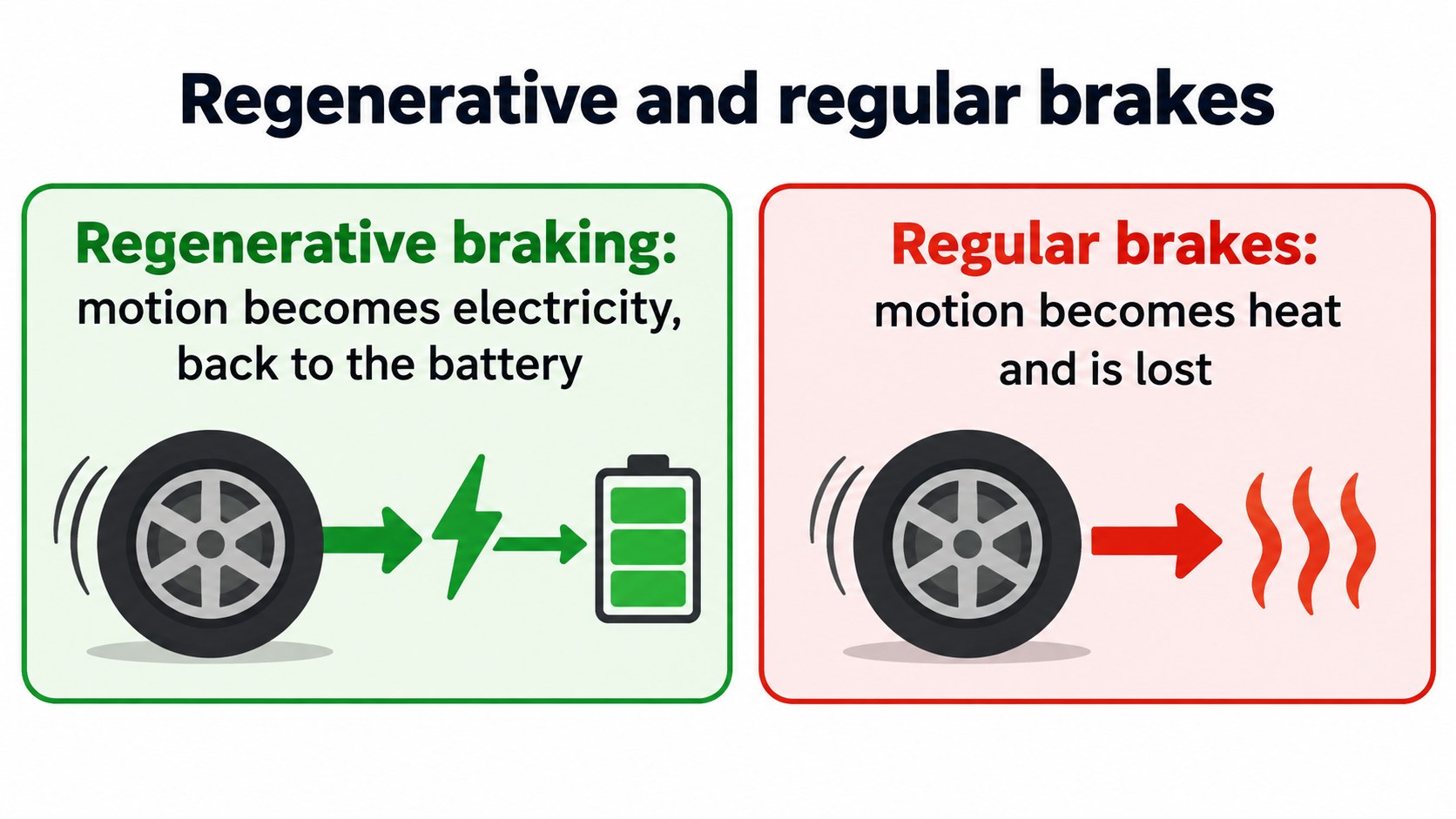 Regenerative vs. regular brakes: regeneration returns electricity, the regular brakes turn motion into heat (AI-generated concept diagram)