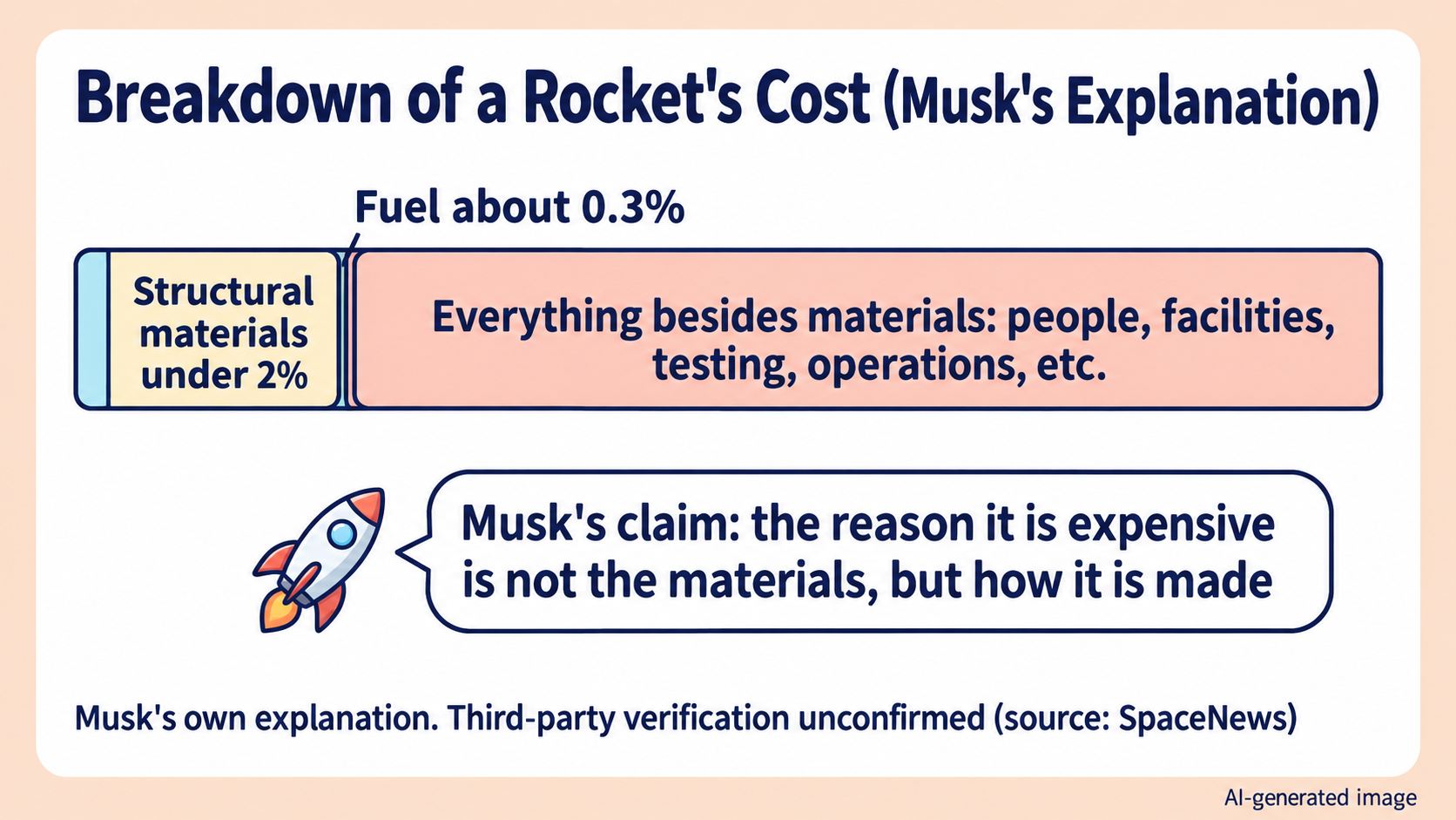 Breakdown of a rocket's cost (Musk's explanation). Structural materials under 2%, fuel about 0.3%, the remaining roughly 98% is things other than materials (people, facilities, testing, operations, etc.)