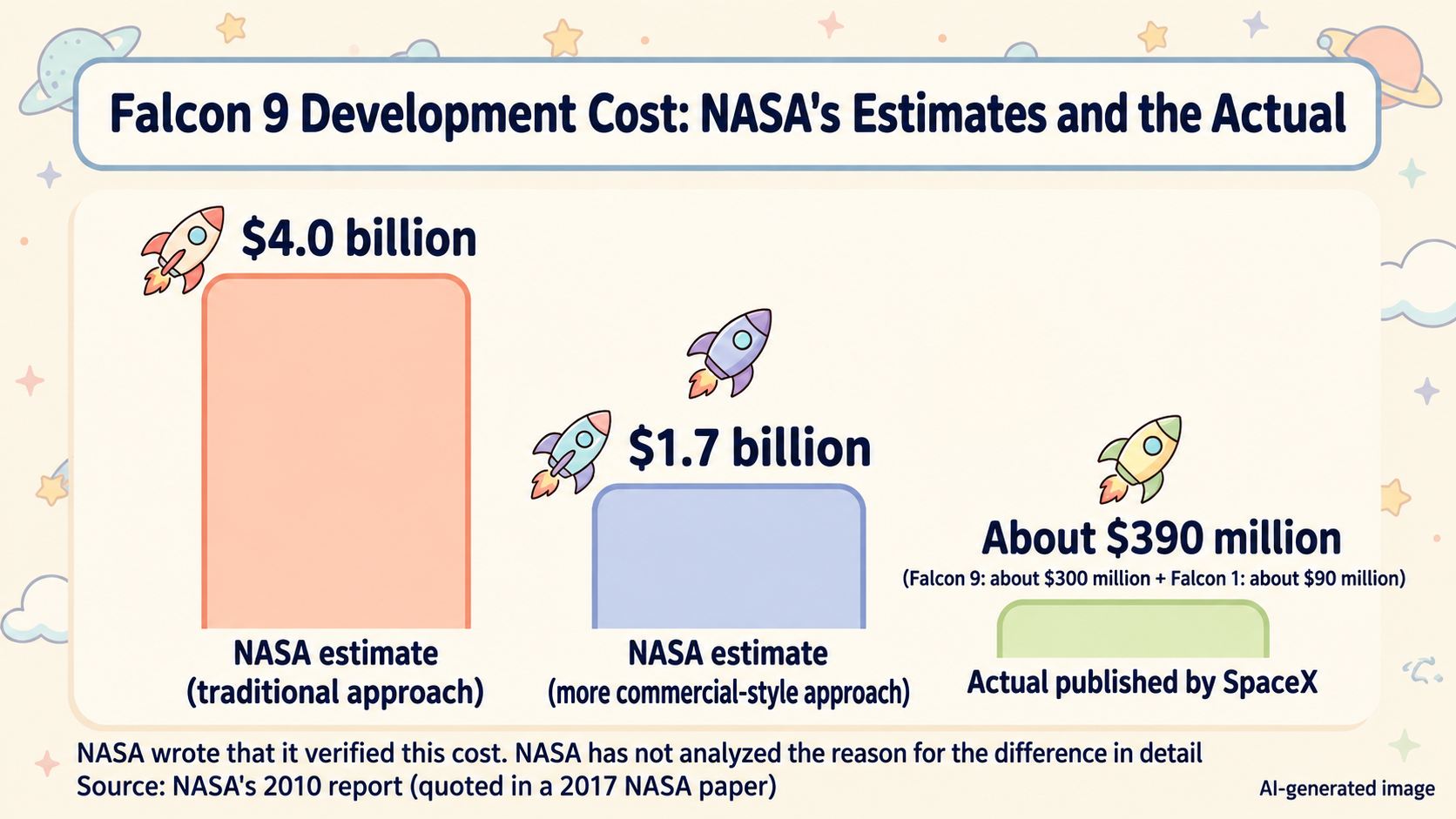 Falcon 9's development cost. NASA's estimates: $4.0 billion by the traditional approach, $1.7 billion by a more commercial-style approach. SpaceX's published actual: about $390 million (about $300 million for Falcon 9 and about $90 million for Falcon 1)