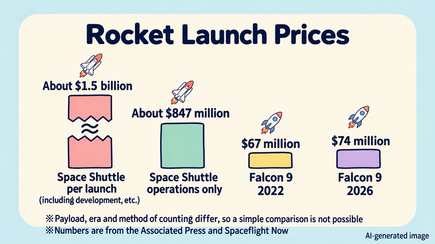 Comparison of rocket prices. The Space Shuttle: about $1.5 billion per launch (including development, etc.), about $847 million for operations only. Falcon 9's standard price: $67 million in 2022, $70 million in 2025, $74 million in 2026