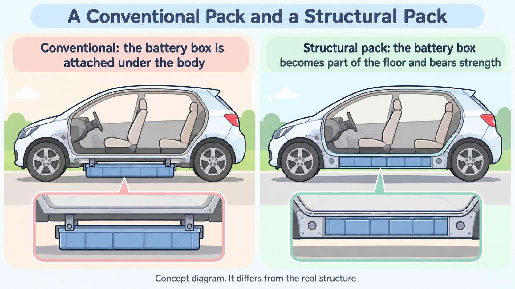 A conventional battery pack versus a structural battery pack. Conventionally, the battery box is attached under the body. In a structural pack, the battery box becomes part of the floor and bears strength (AI-generated concept diagram)