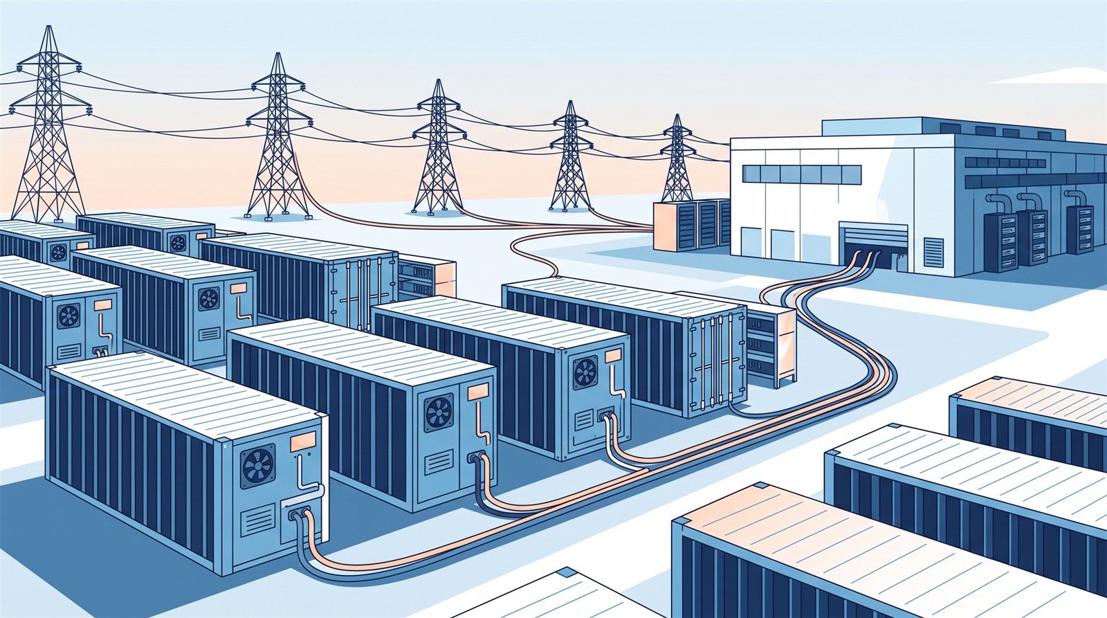 AI-generated image: rows of container-sized batteries connected to power lines and a data center (a concept image, not the actual site)