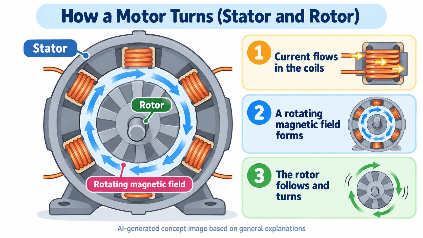 Inside a motor. The outer stator makes a rotating magnetic field, and the inner rotor turns (AI-generated concept diagram based on general explanations)