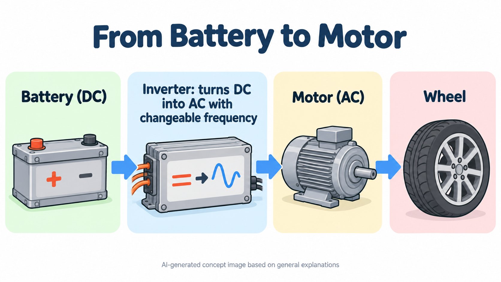 The flow from the battery through the inverter to the motor (AI-generated concept diagram based on general explanations)