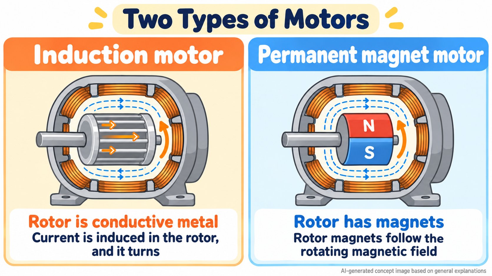 A comparison of two motor types. In an induction motor, current is induced in the rotor and it turns. In a permanent magnet motor, magnets in the rotor turn (AI-generated concept diagram)