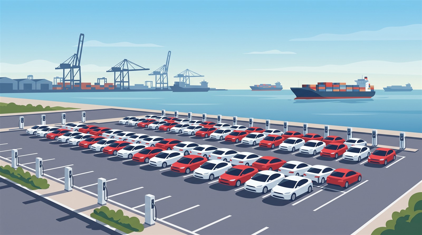 AI-generated image: many electric cars lined up in a large lot near a port, waiting for delivery (a concept image, not the actual site)