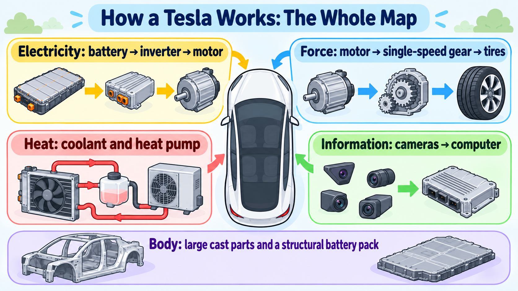 The whole-car map of a Tesla. Four flows: electricity (battery → inverter → motor), force (motor → gear → tires), heat (coolant and heat pump), information (cameras → computer), plus the body that carries them (AI-generated illustration)