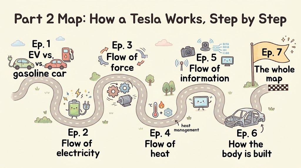 A map of the six Part 2 articles. Starting from how EVs differ from gasoline cars, through the four flows of electricity, force, heat and information and the body, to the whole map (AI-generated illustration)