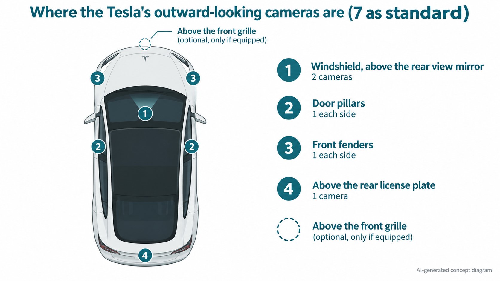 An illustration of where the cameras are on a Tesla: two on the windshield, one in each door pillar, one on each front fender, and one above the rear license plate (AI-generated concept diagram based on the owner's manual)