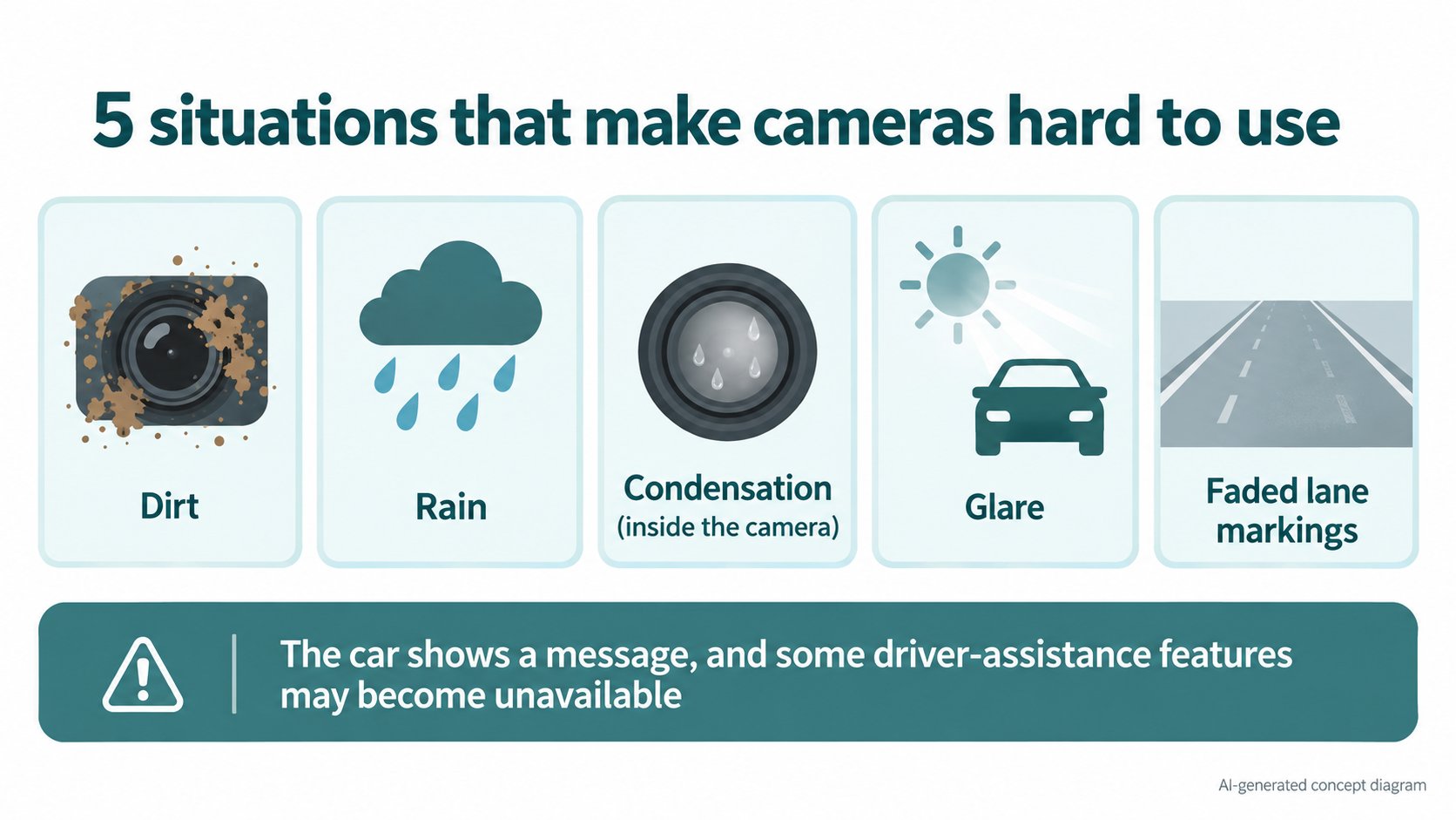 An illustration of situations that make cameras hard to use: dirt, rain, condensation, glare, faded lane markings. The car then shows a message and some driver-assistance features may become unavailable (AI-generated concept diagram based on the manual)