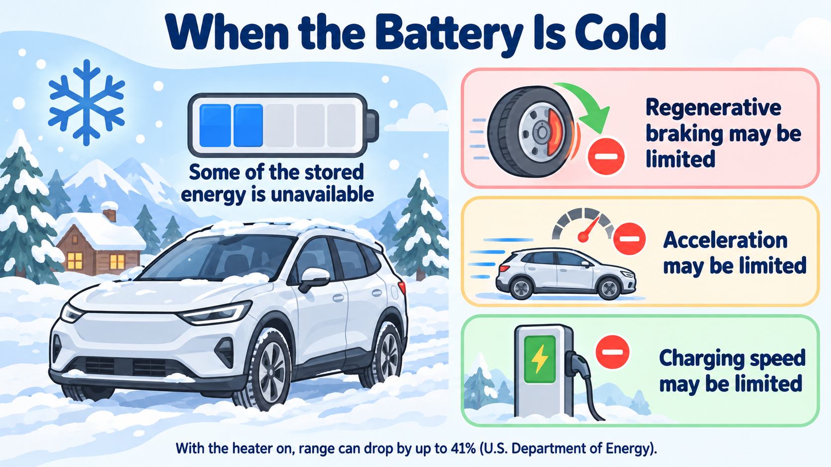 An EV in the cold. When the battery is cold, some of the stored energy is unavailable, and regenerative braking, acceleration and charging speed may be limited. A blue snowflake icon appears
