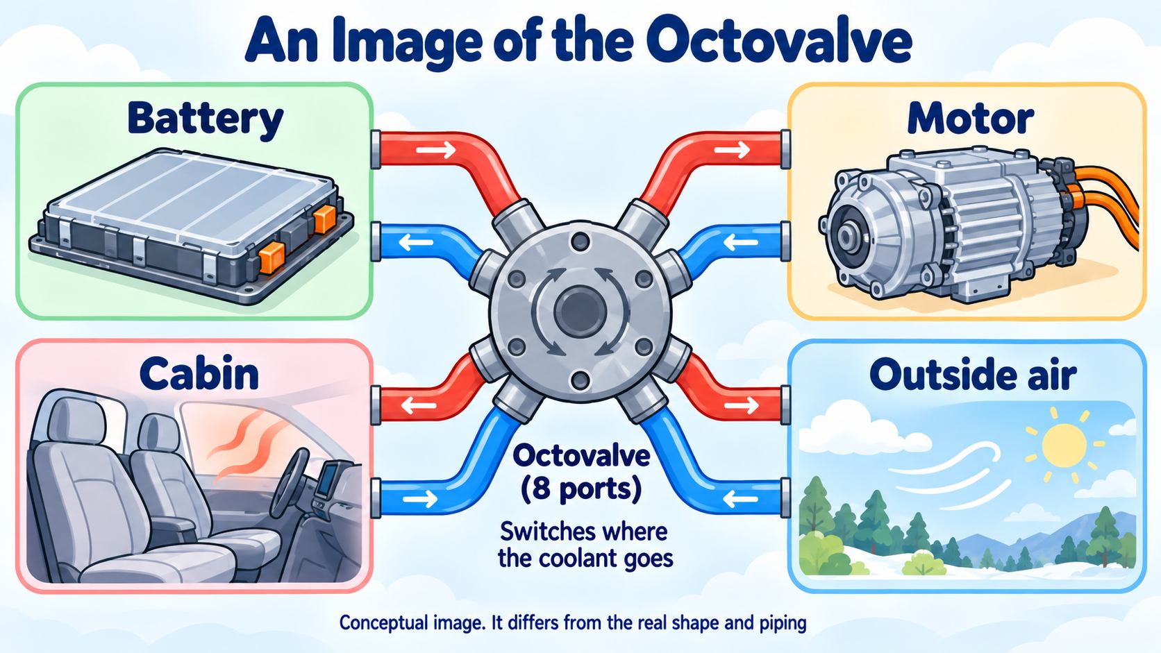 An image of the Octovalve. One valve switches where coolant goes among the battery, motor, cabin and outside air. In the patent: eight ports and five loops (per the paper)