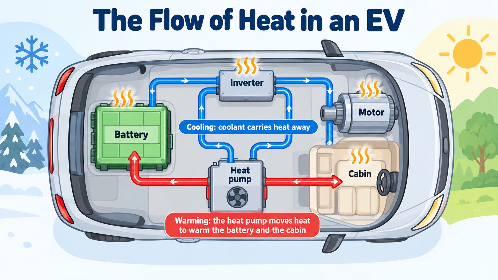 The flow of heat in an EV. The battery, motor and inverter are cooled by coolant, and in cold weather they are warmed by a heat pump and other means. Heat is also used to warm the cabin