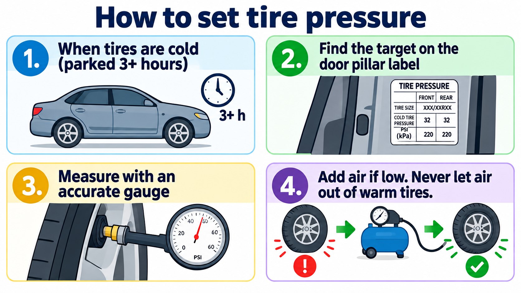 How to set pressure: when cold, match the target on the label (AI-generated concept diagram based on the owner's manual)