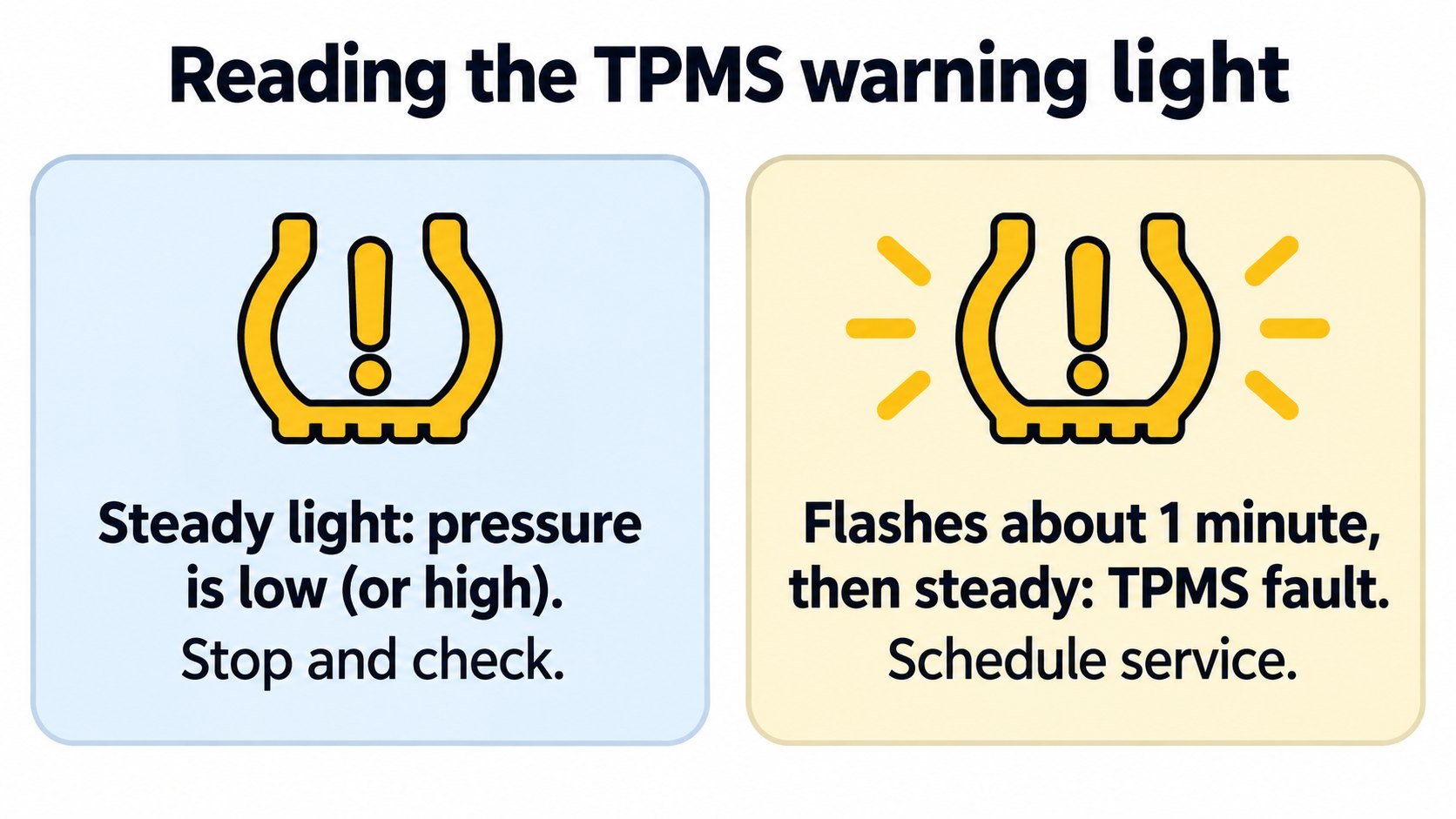 Reading the light: steady means pressure, flashing then steady means a fault (AI-generated concept diagram based on the owner's manual)