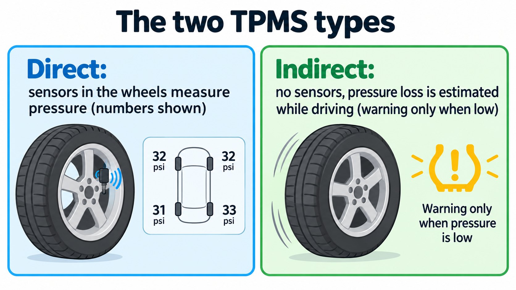 The two TPMS types: direct measures with a sensor in each tire, indirect estimates pressure loss (AI-generated concept diagram, different from the real sensor shape and position)