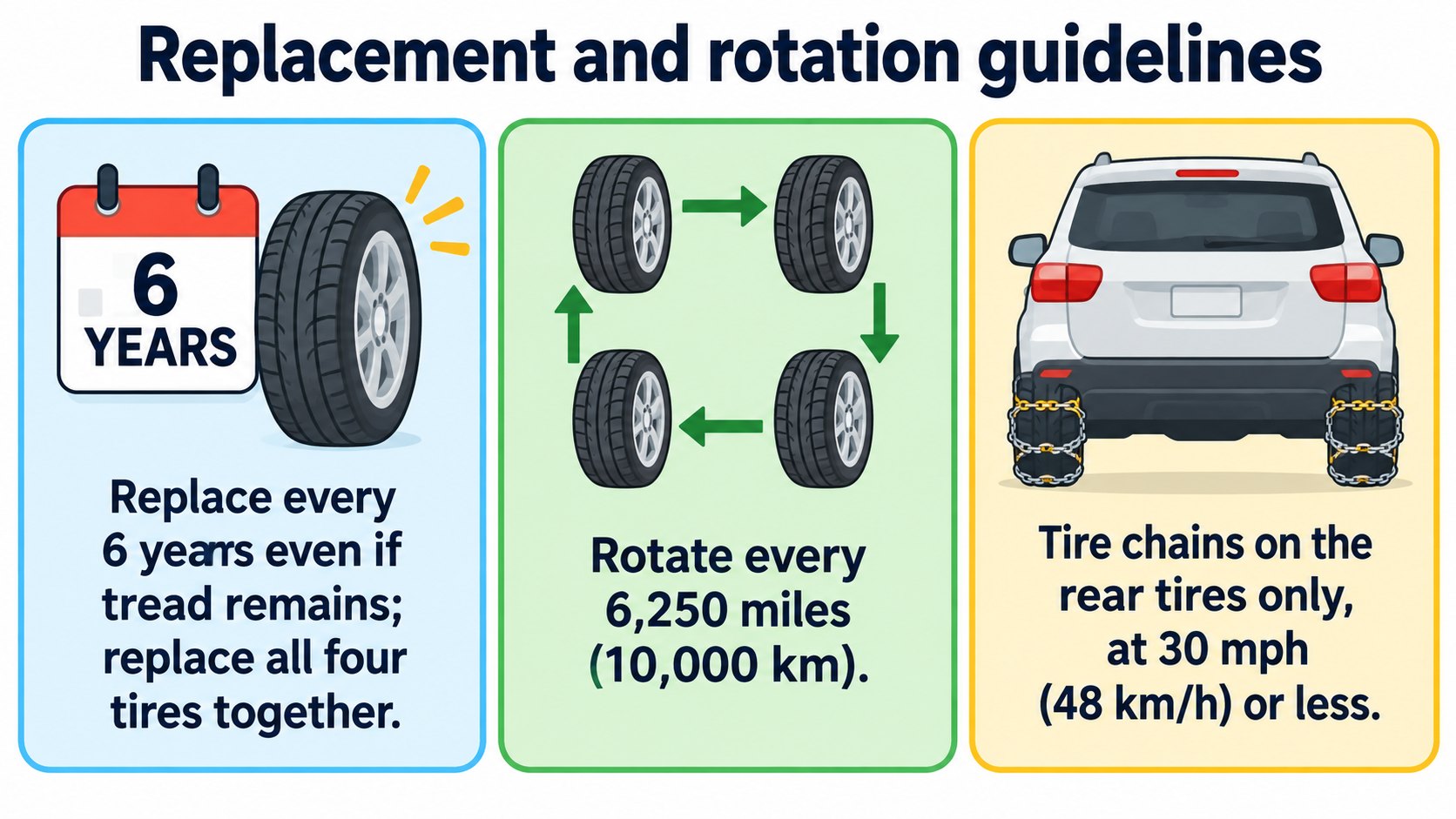 Replacement and rotation guidelines: 6 years, all four tires, rotation (AI-generated concept diagram based on the owner's manual)