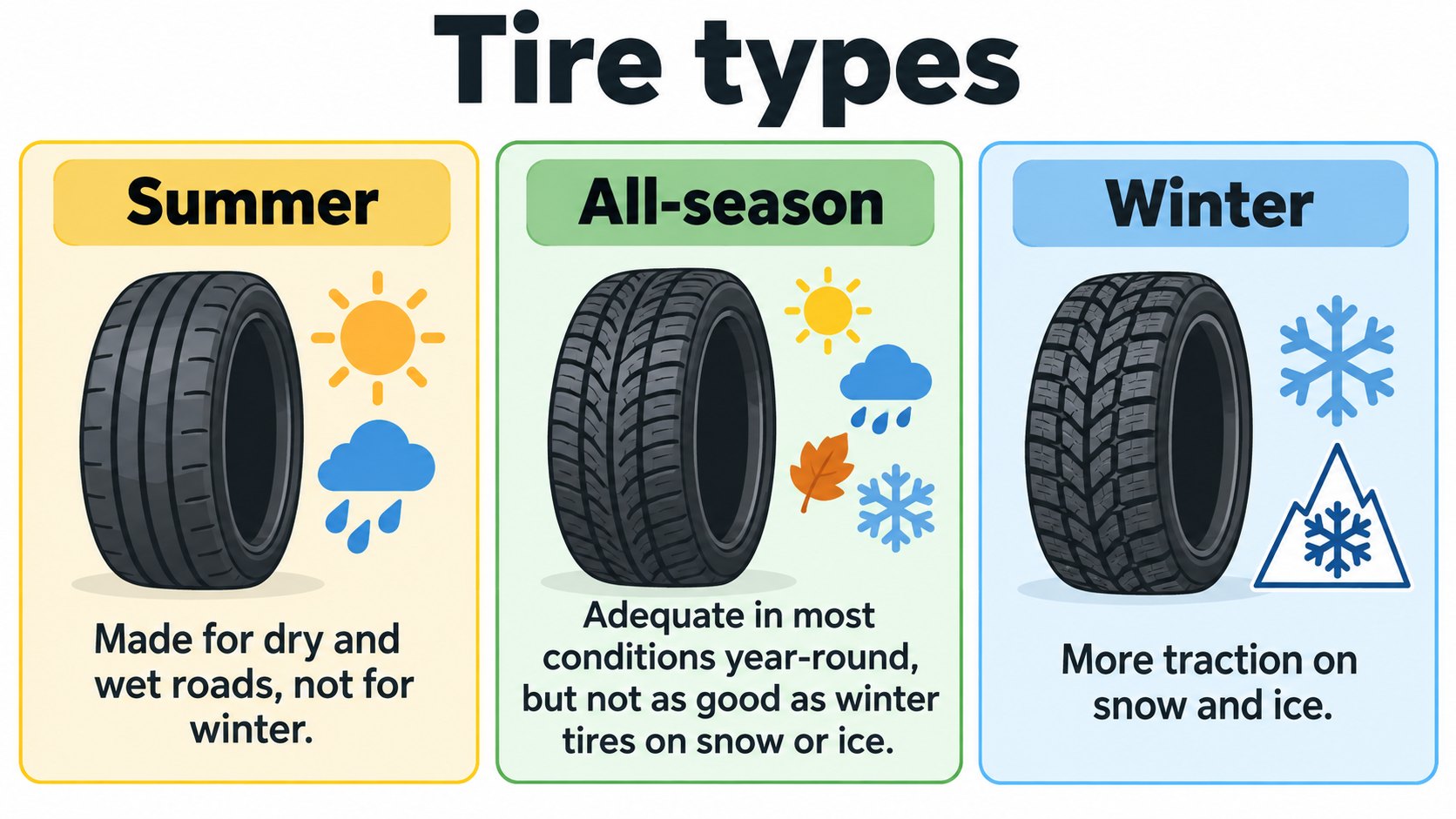 Tire types: summer, all-season and winter (AI-generated concept diagram, different from the real tire shape)