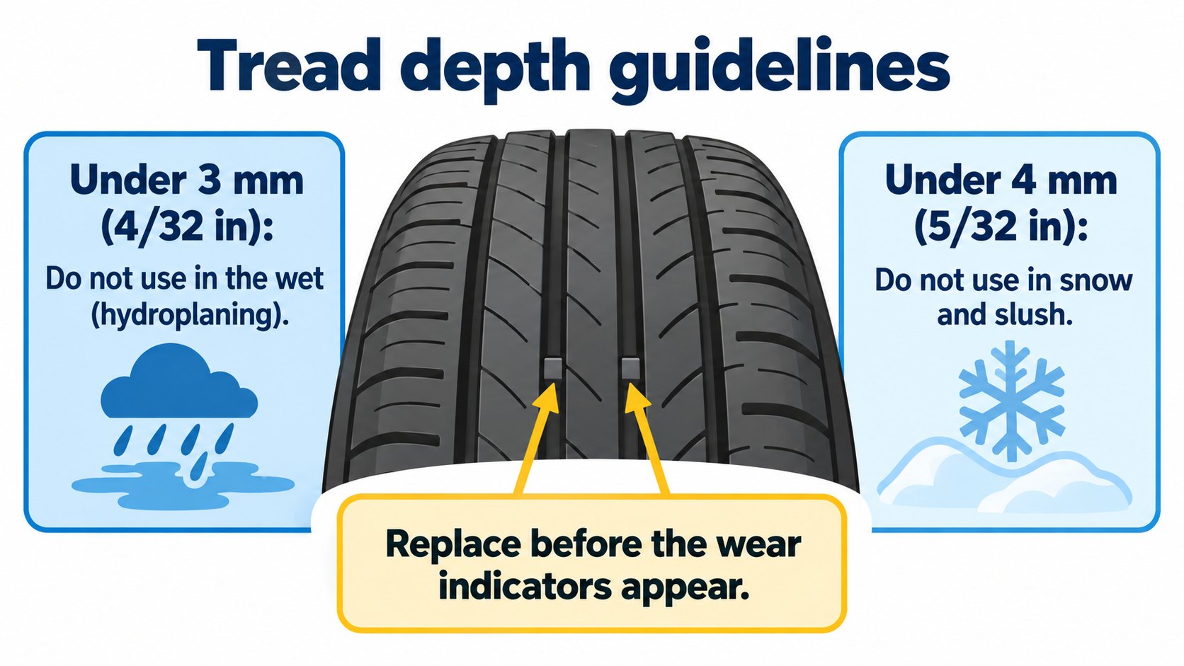 Tread depth guidelines: under 3 mm for rain, under 4 mm for snow, do not use (AI-generated concept diagram based on the owner's manual)