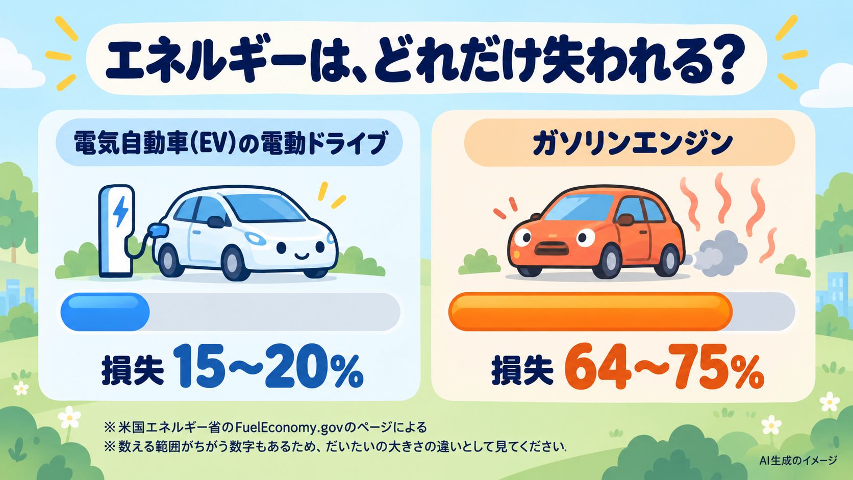 EVとガソリン車の、エネルギーの失われ方の比較。米国エネルギー省のページによると、EVの電動ドライブシステムの損失は15〜20%、ガソリンエンジンの損失は64〜75%