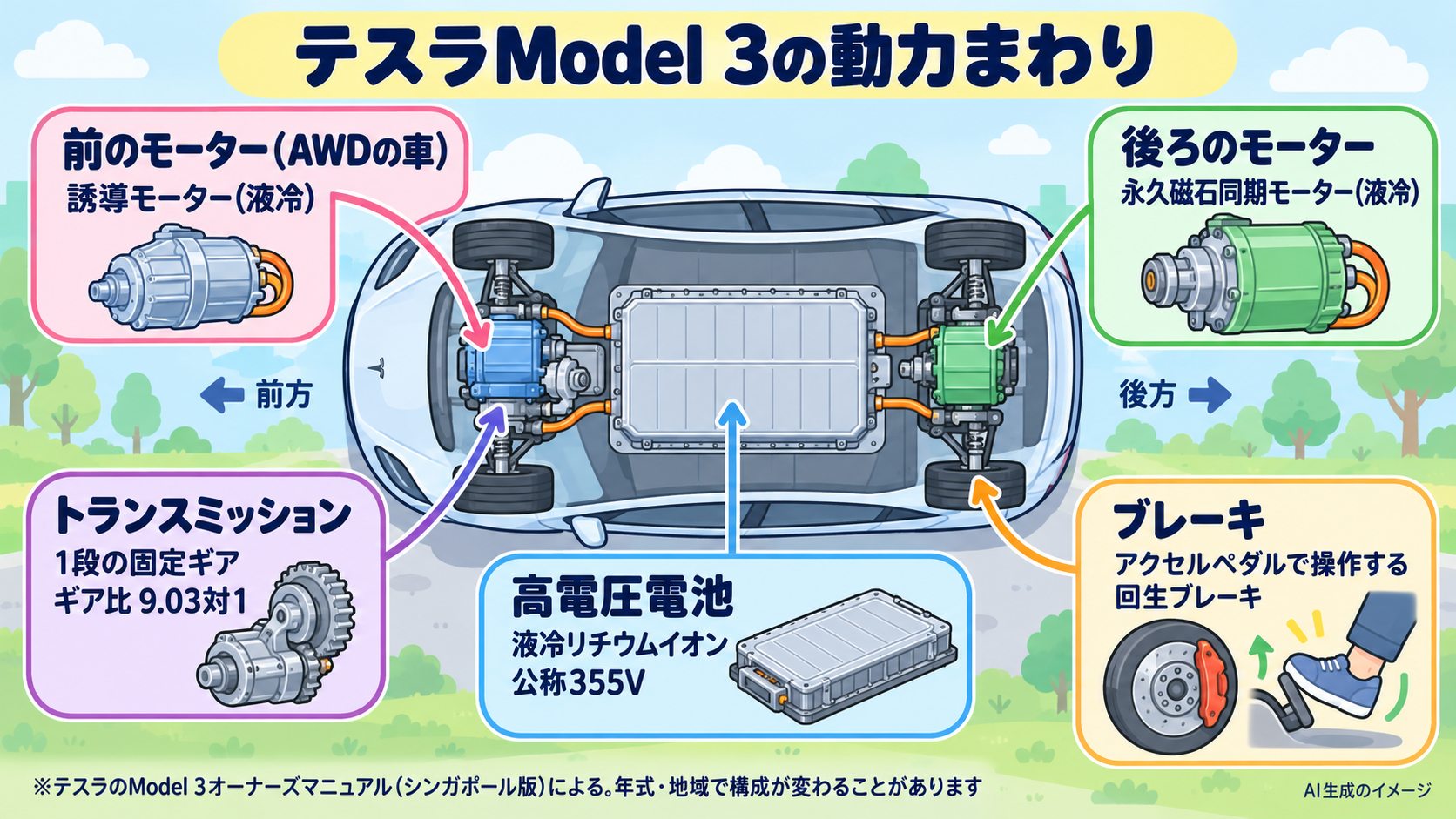 テスラModel 3の仕様。後ろのモーターは永久磁石同期モーター、前のモーターは誘導モーター(AWDの車)。トランスミッションは1段の固定ギアで、ギア比は9.03対1。高電圧電池は液冷のリチウムイオン、公称355V