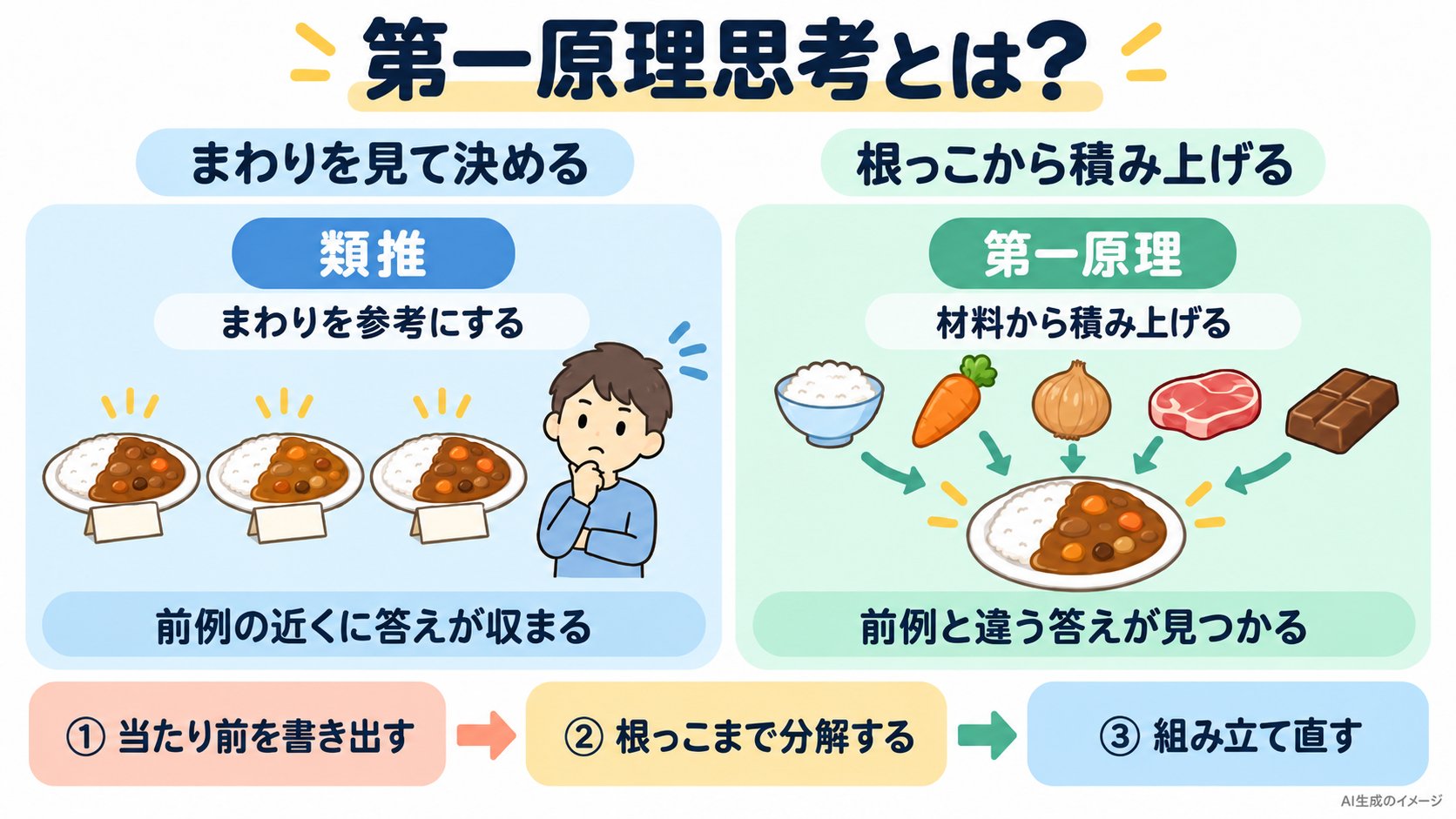 第一原理思考とは?「類推(まわりを参考にする)」と「第一原理(材料から積み上げる)」の違いと、3ステップの図解