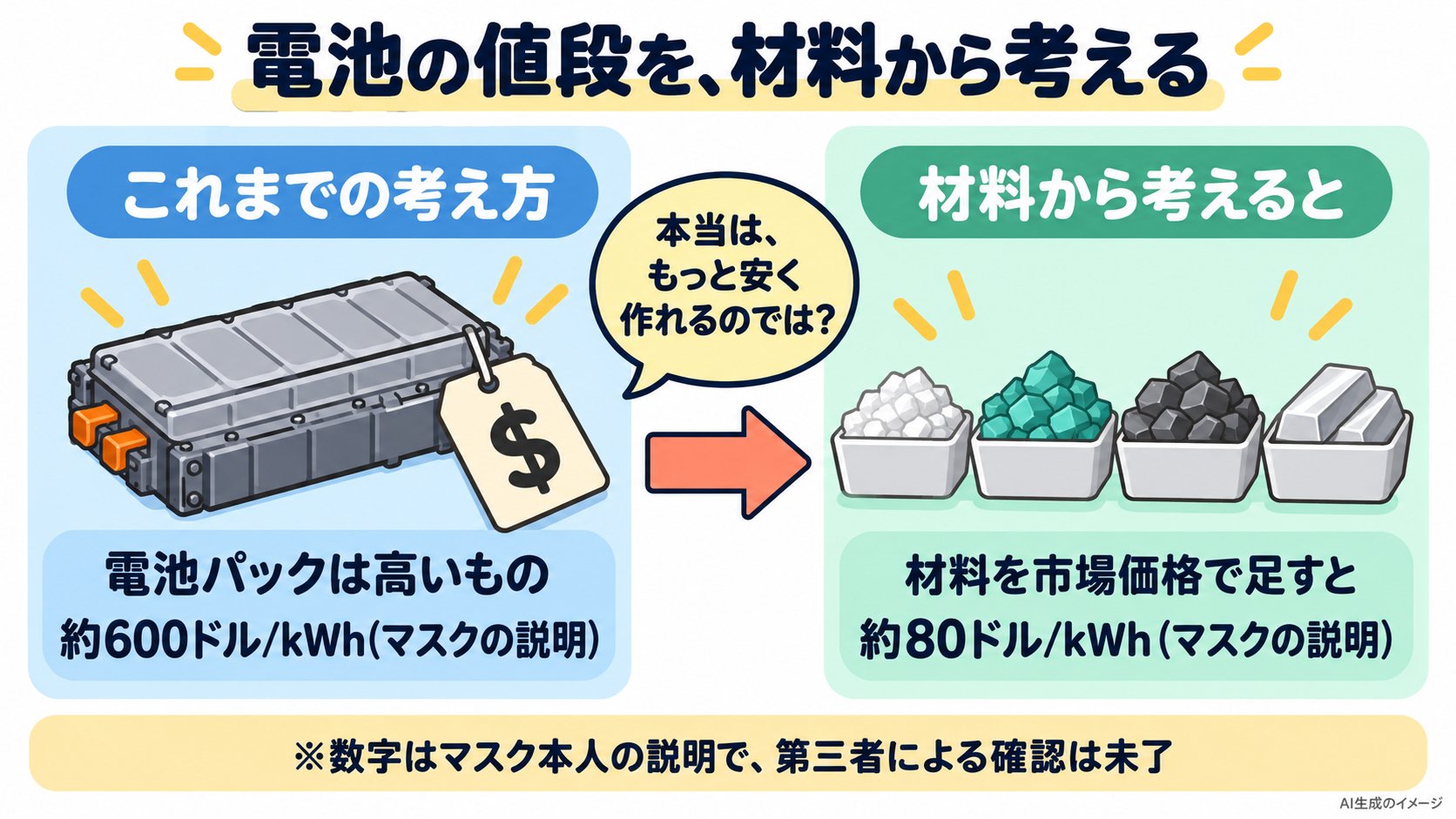 電池の値段を、材料から考える。これまでの考え方は約600ドル/kWh、材料を市場価格で足すと約80ドル/kWh(いずれもマスクの説明)