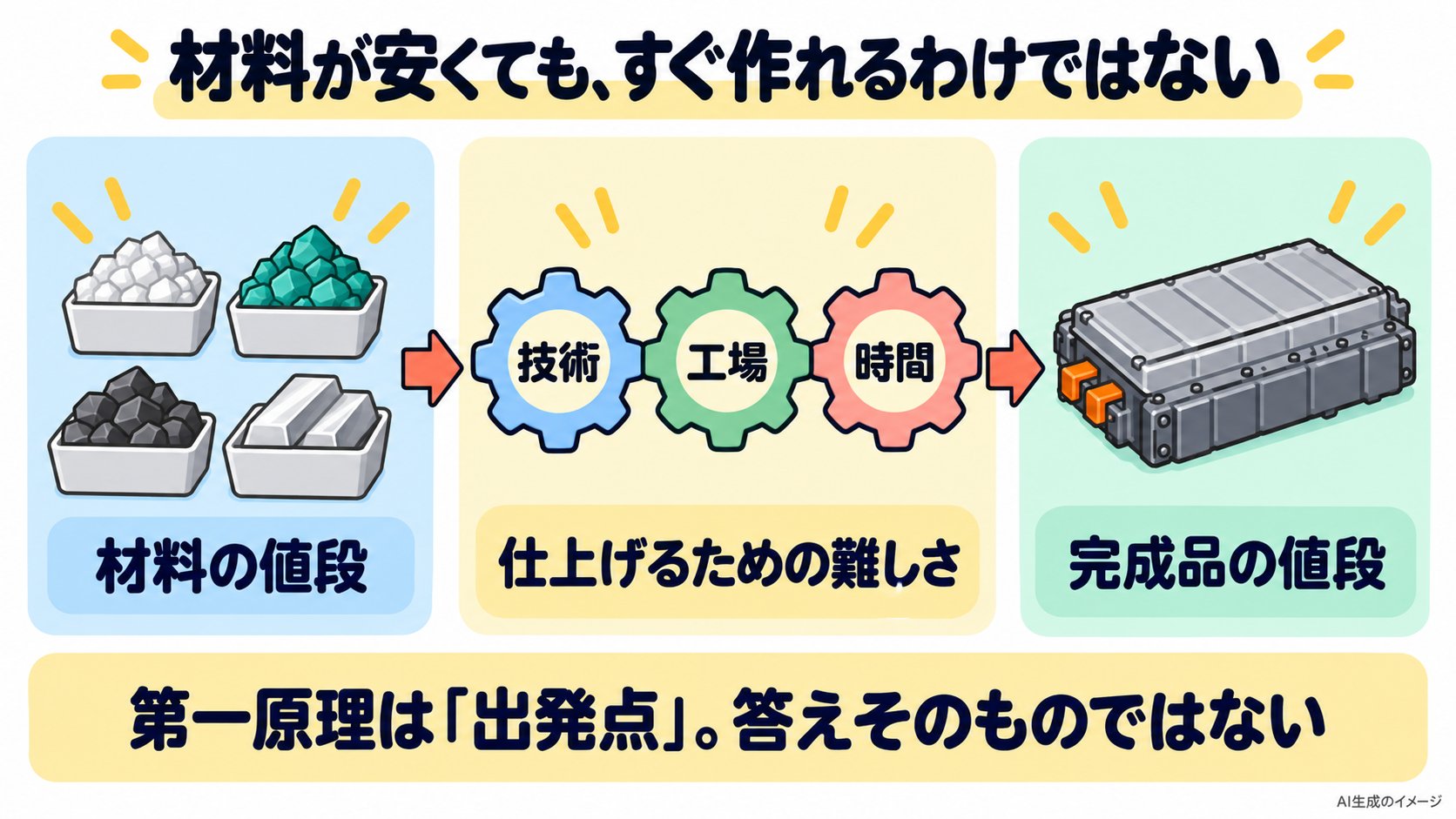 材料が安くても、すぐ作れるわけではない。材料の値段のあとに、技術・工場・時間という仕上げの難しさがあり、完成品の値段になる